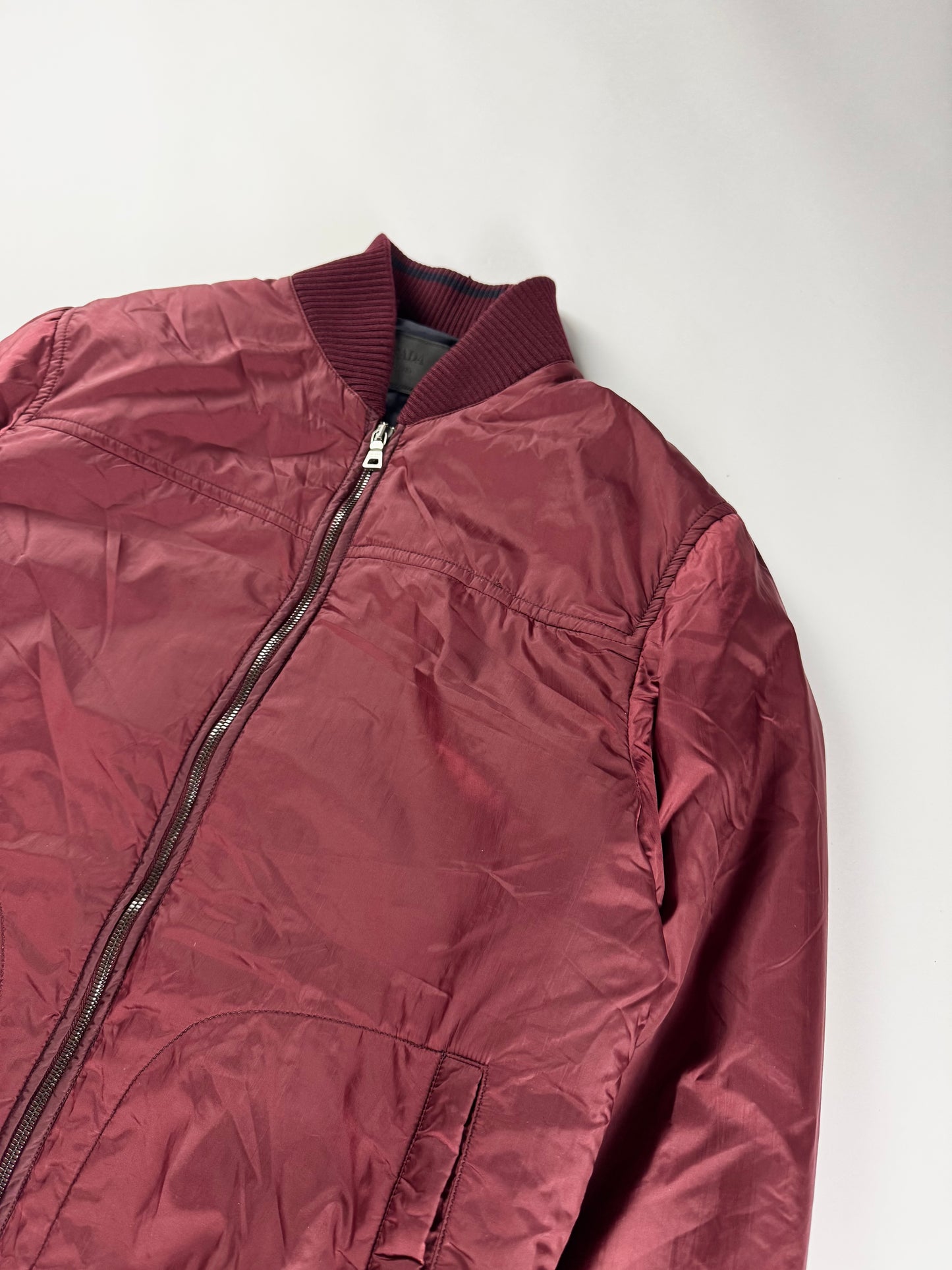 Prada Burgundy Nylon Striped Knit Cuffs Zip Front Bomber Jacket 2010s - M