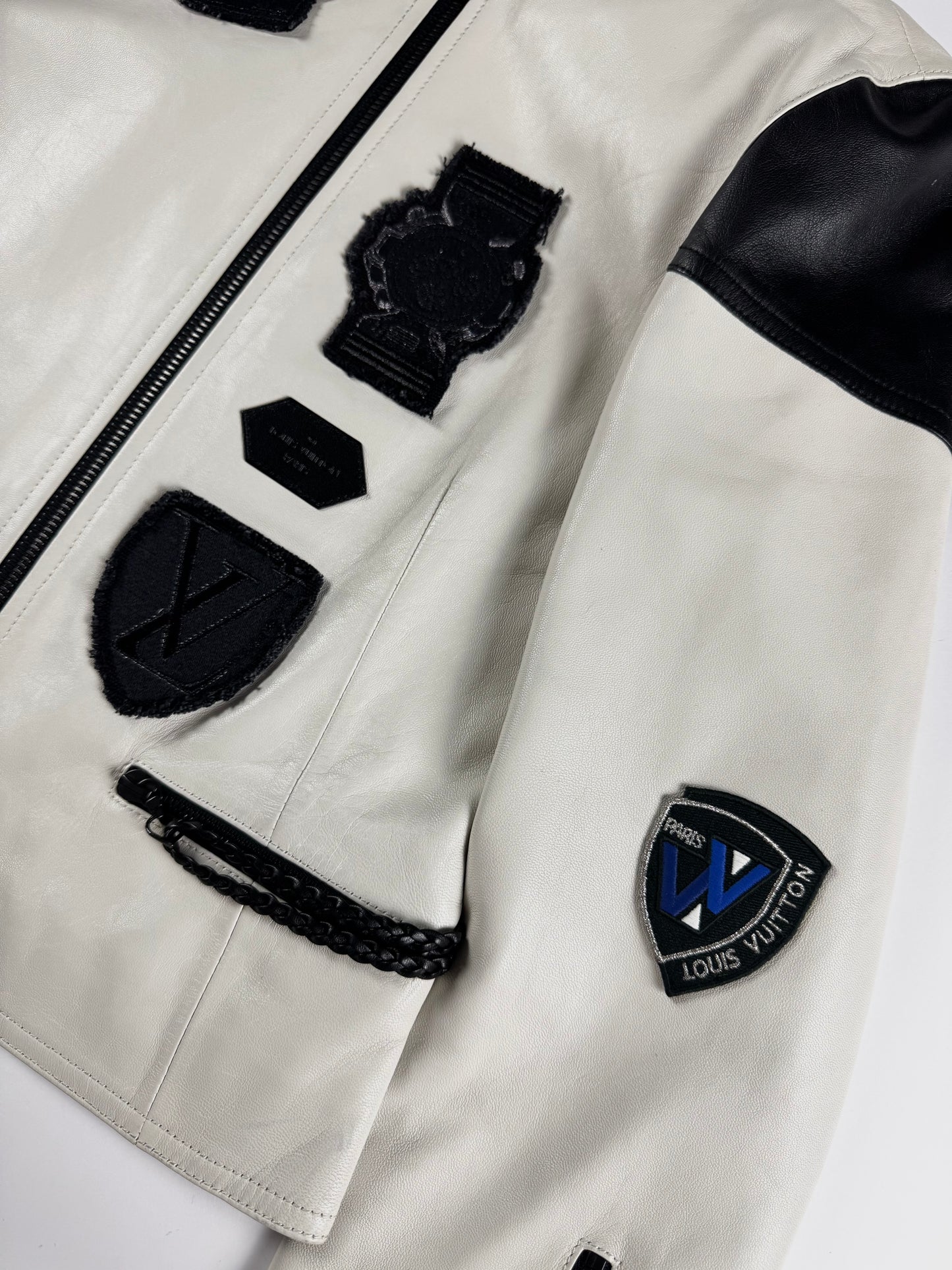 Louis Vuitton Sample White Leather Black Multi Patch Logo Badge Racer Jacket FW 2017 - S