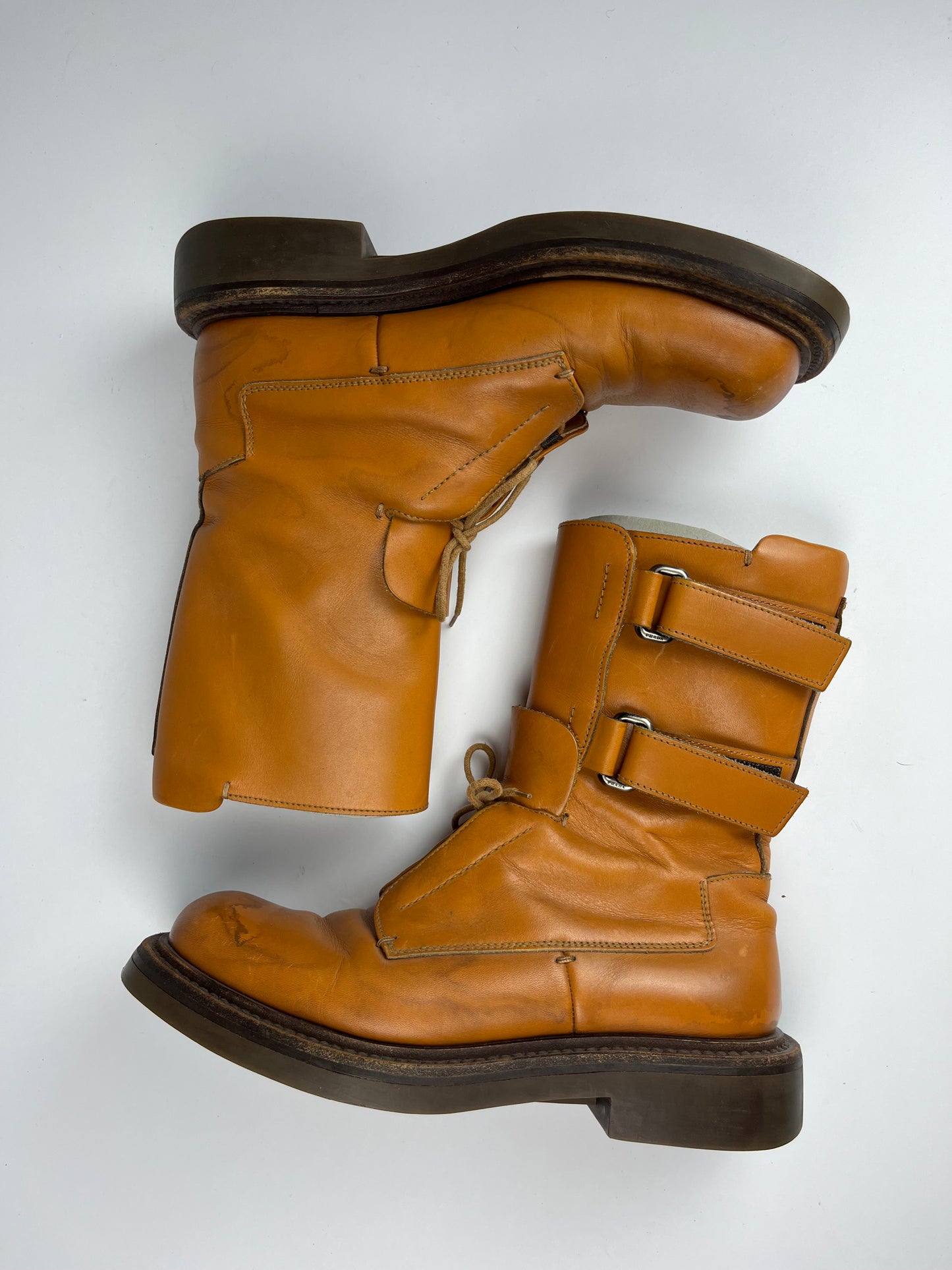 Prada Camel Leather Double Strapped Square High Boots FW 1999 - 43 EU/44 EU