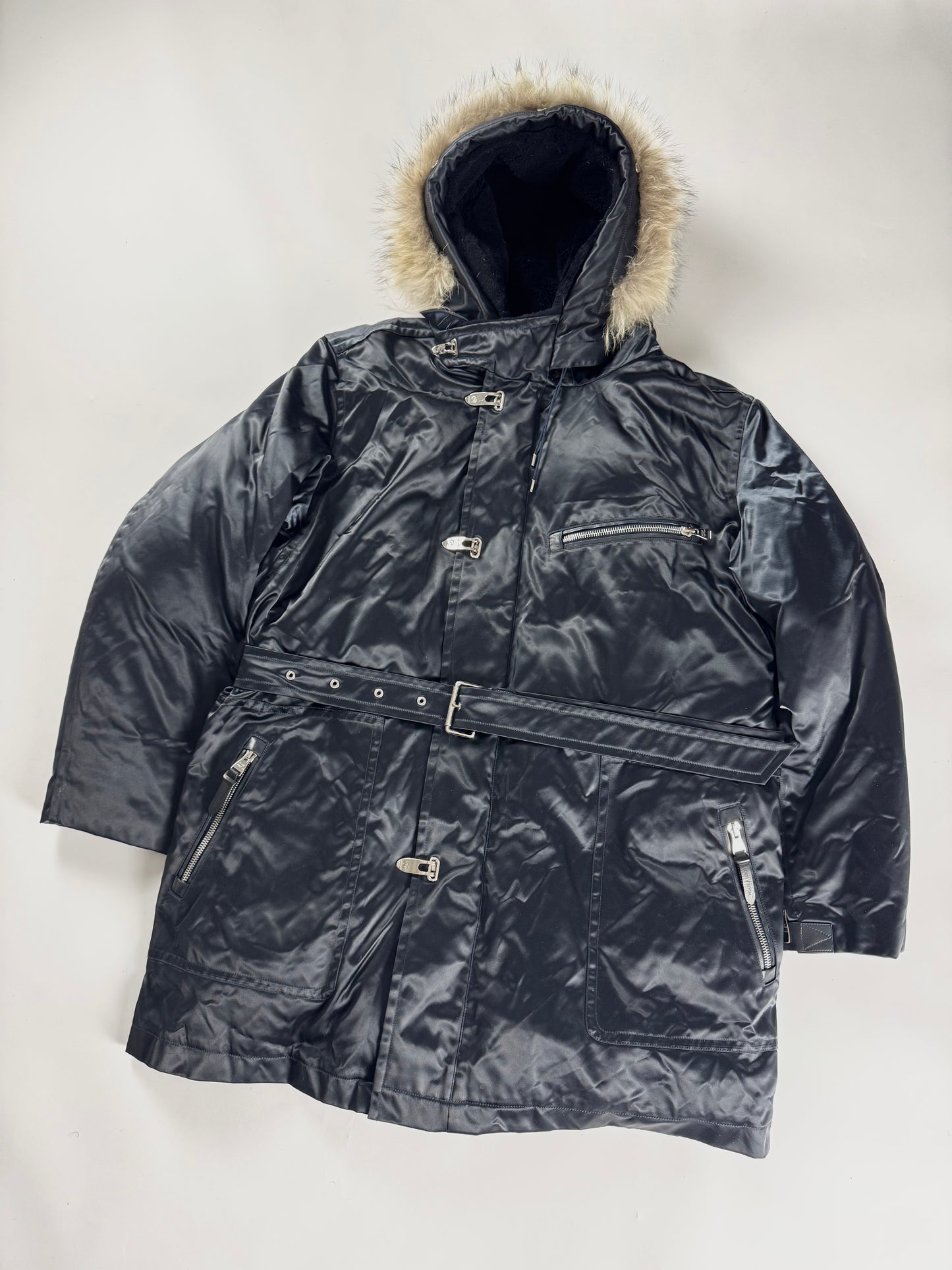 Louis Vuitton Dark Blue Goose Down Belted Parka Fur Hood Coat FW 2012 - XL