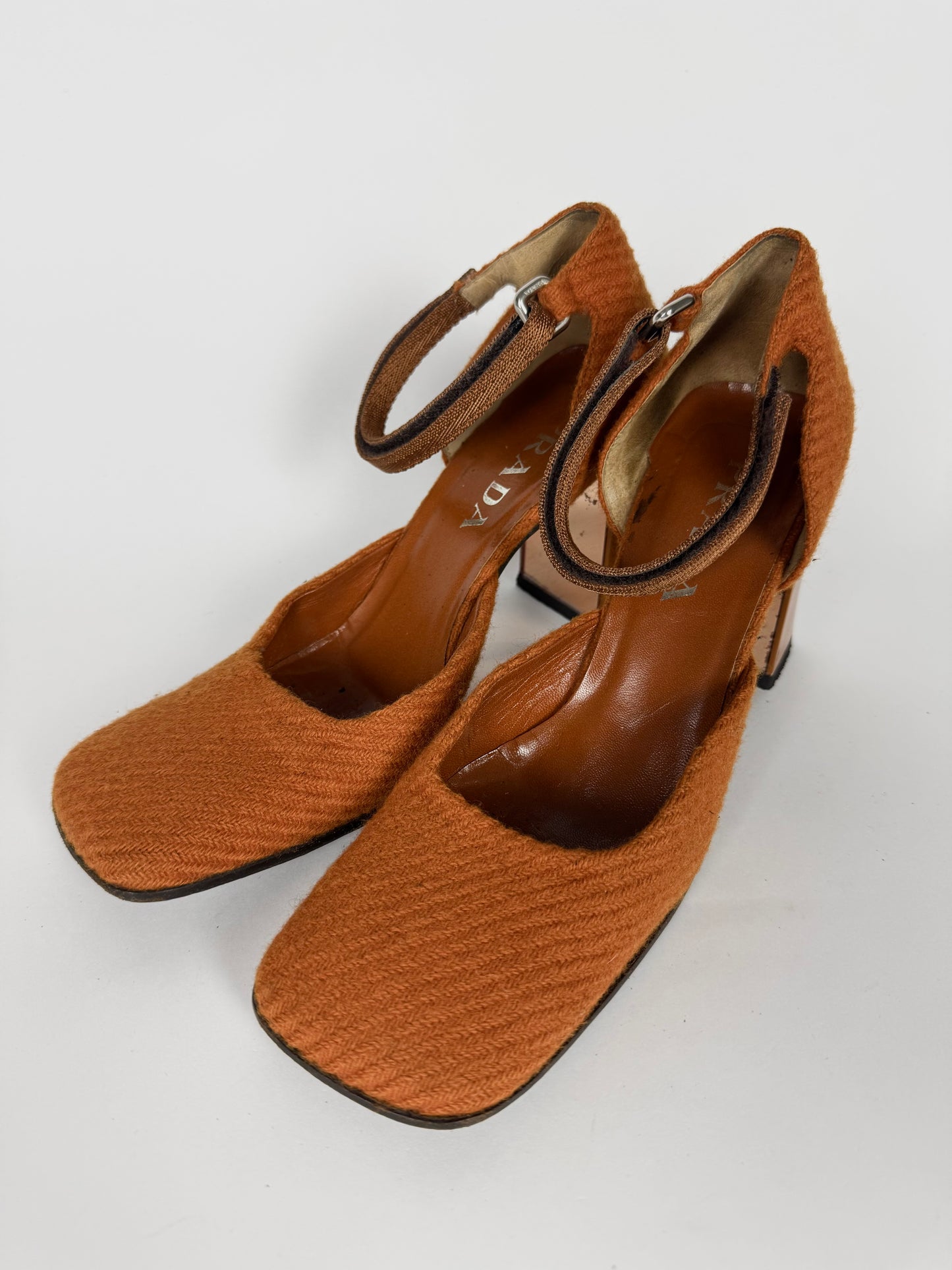 Prada Strapped Orange Mary Jane Tweed Heels FW 1999 - 39 IT/39,5 EU
