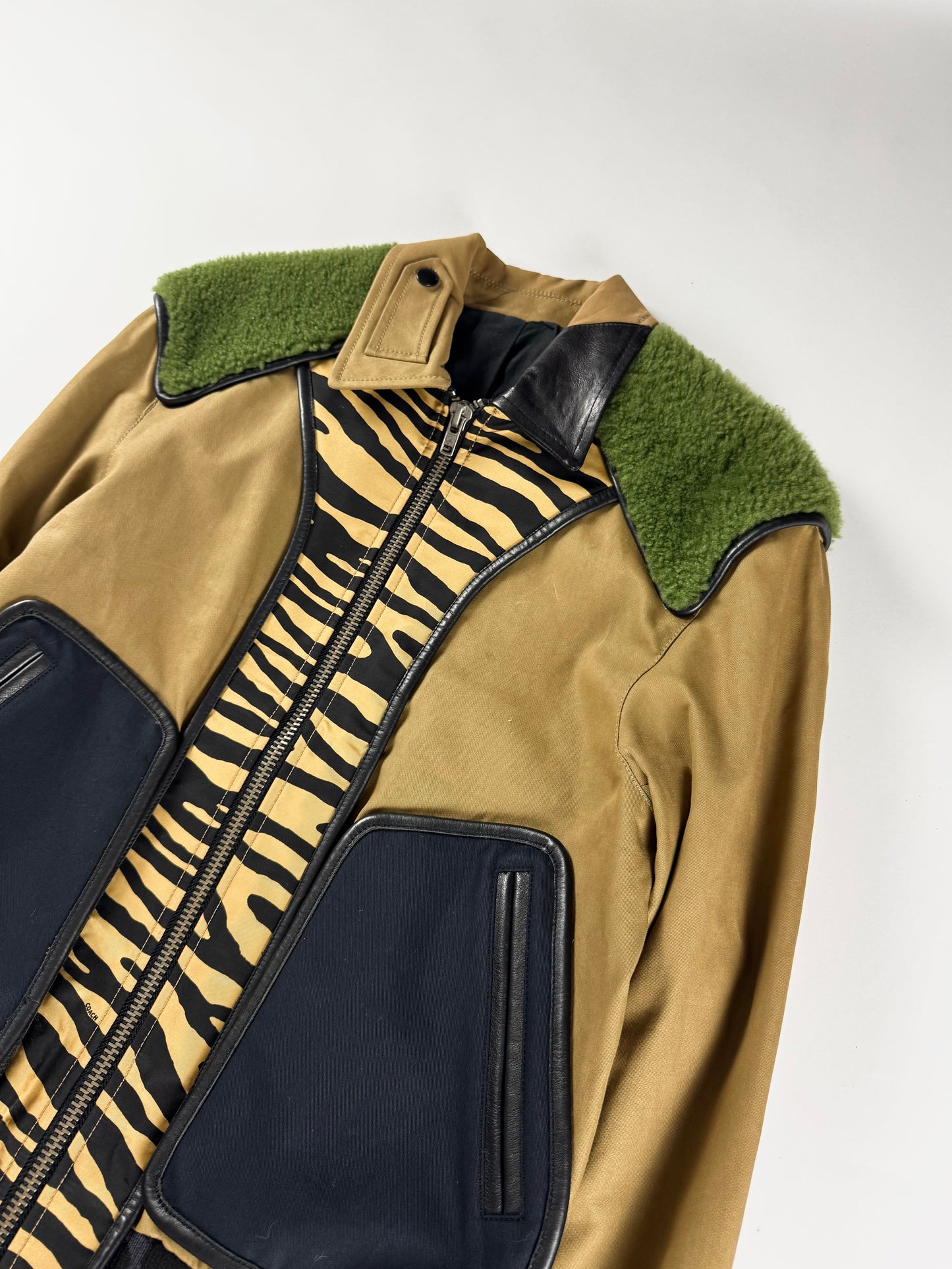 Coach Sample Camel Mixed Animal Print Green Shearling Collar Bomber Jacket SS 2016 - M
