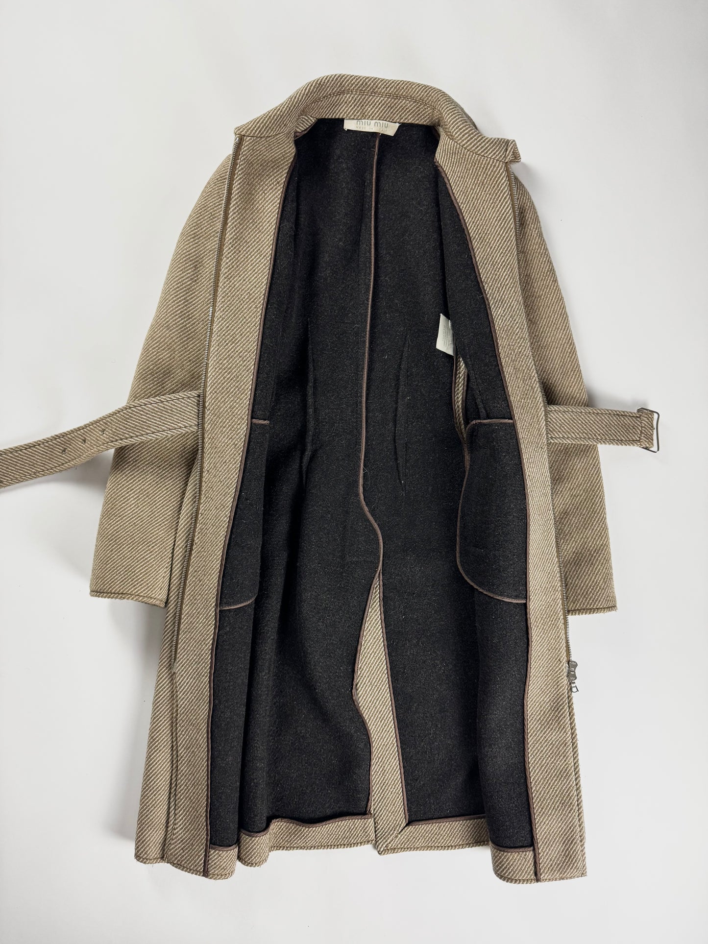 Miu Miu Prada Taupe Wool Twill Belted Long Zipped Coat FW 2000 - S