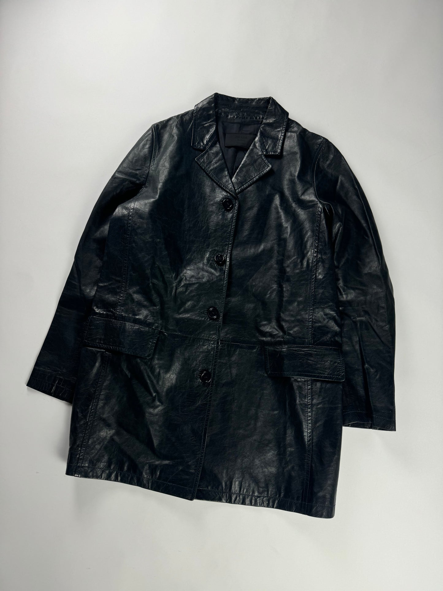 Prada Dark Leather Minimalist Coat 1990s - S