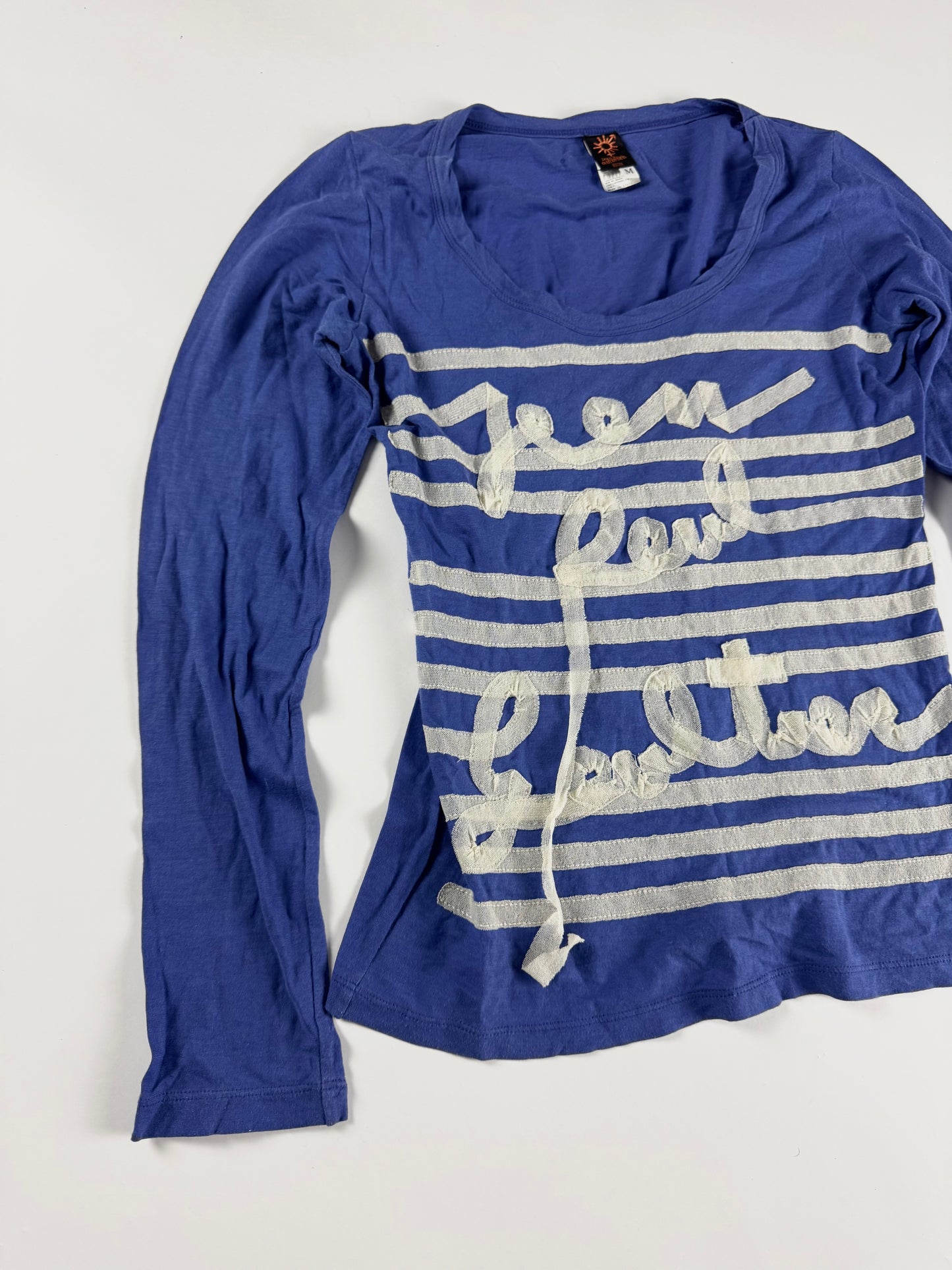 Jean Paul Gaultier Soleil Blue Marinière Stripe Logo Script Long Sleeve Mesh Top - M