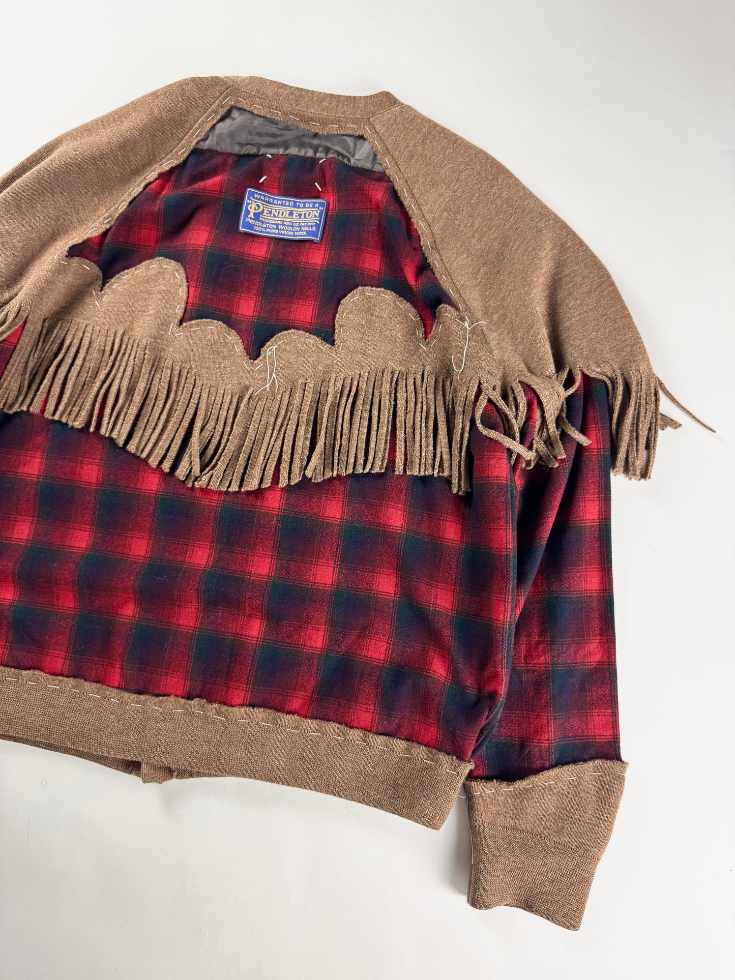 Maison Margiela x Pendleton Red Tartan Plaid Tan Knit Western Fringe Cardigan FW 2023 - XXL