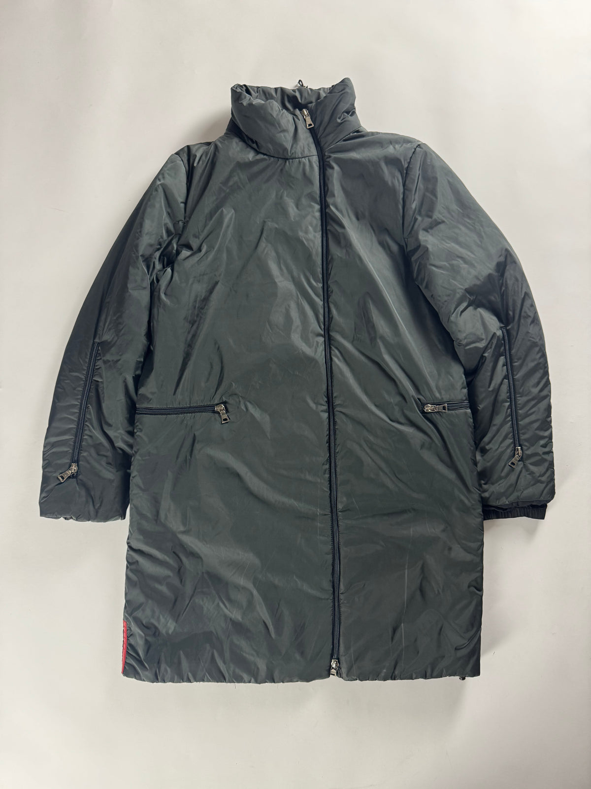 Prada Linea Rossa Long Dark Green Asymmetric Zipper Puffer Jacket FW 1999 - S