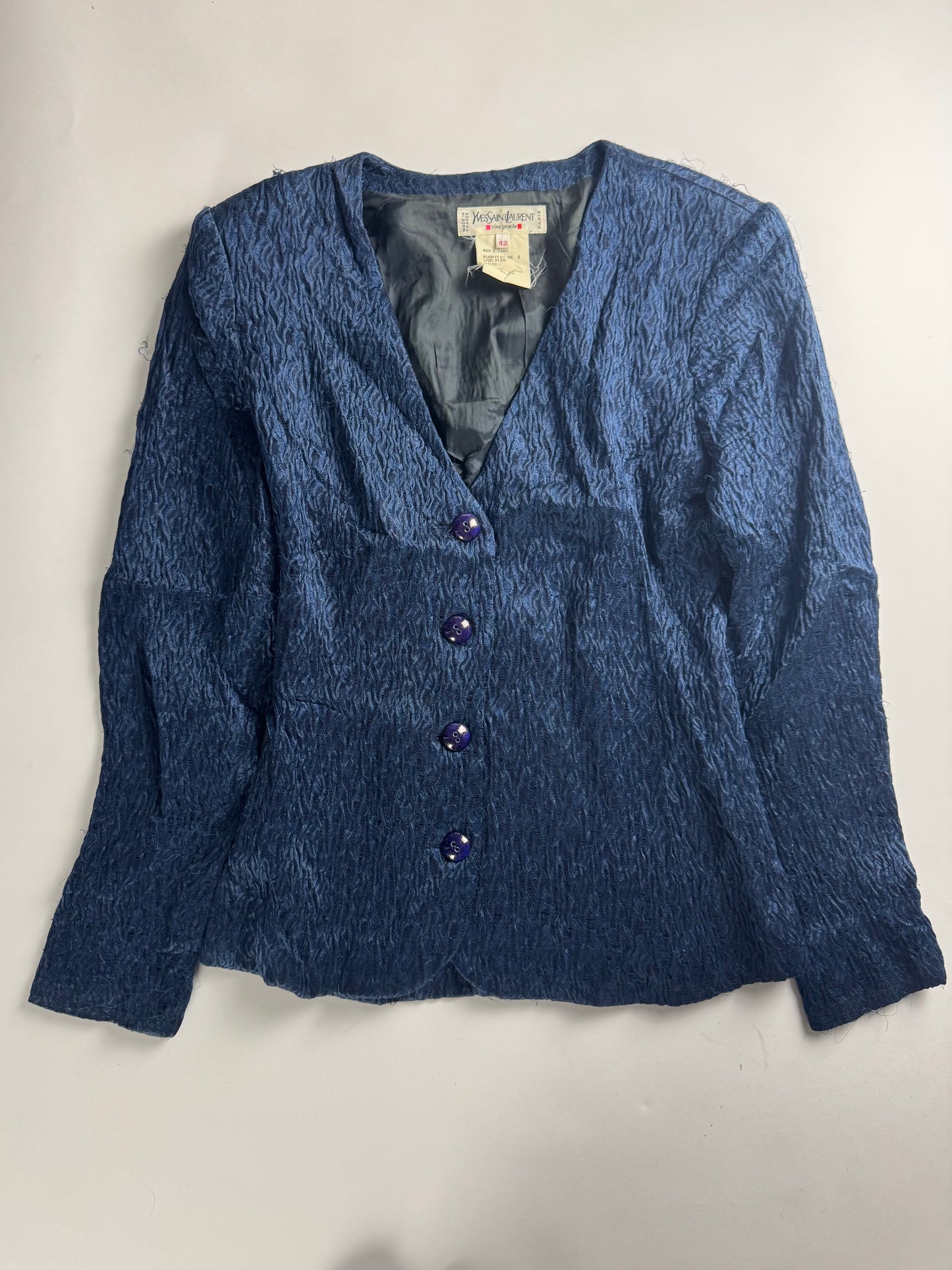 Yves Saint Laurent Rive Gauche Deep Blue Textured Plissé Set 1990s - S