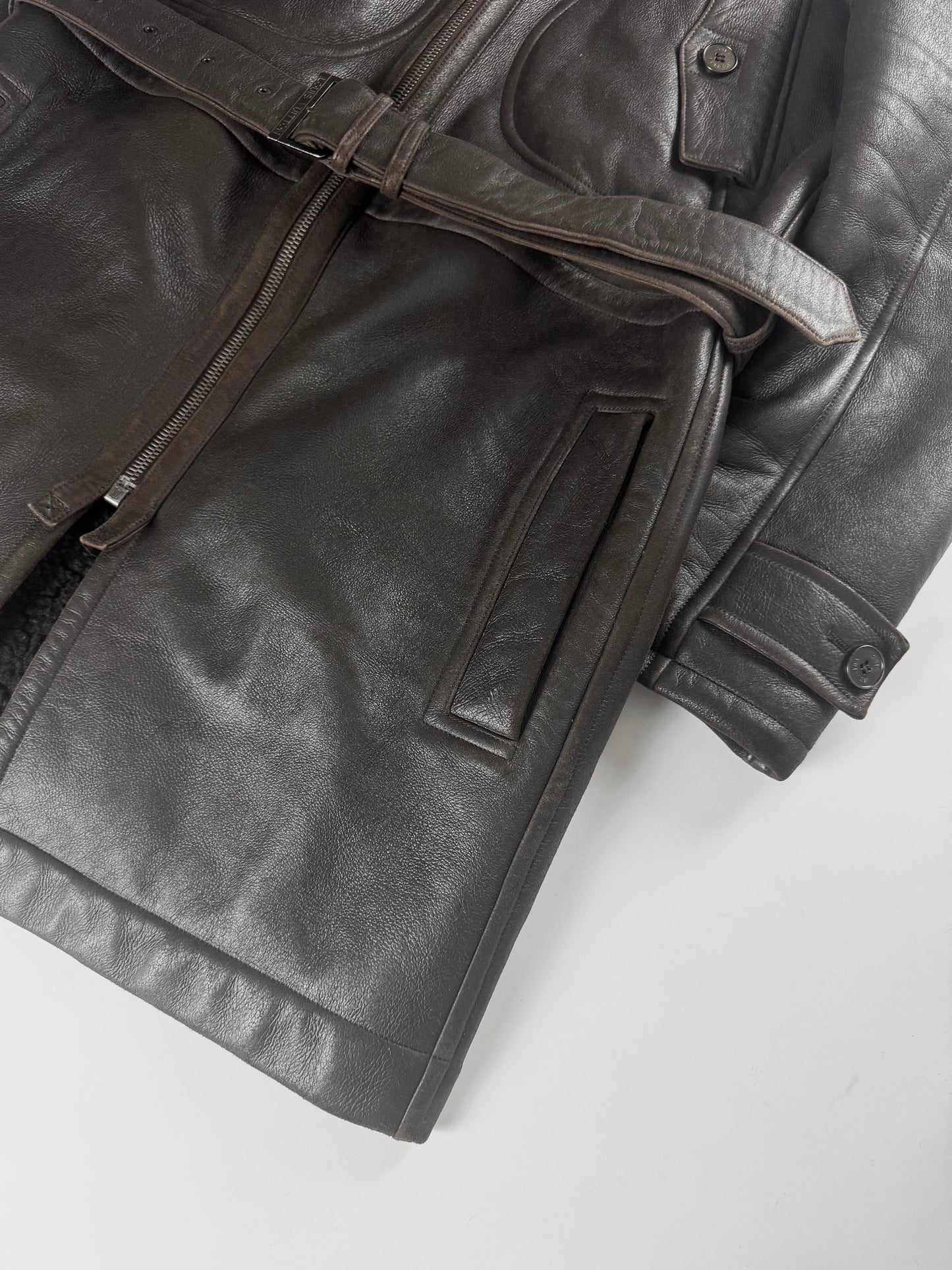 Louis Vuitton Dark Brown Fur Lining Heavy Sheepskin Leather Belted Coat 2000s - M
