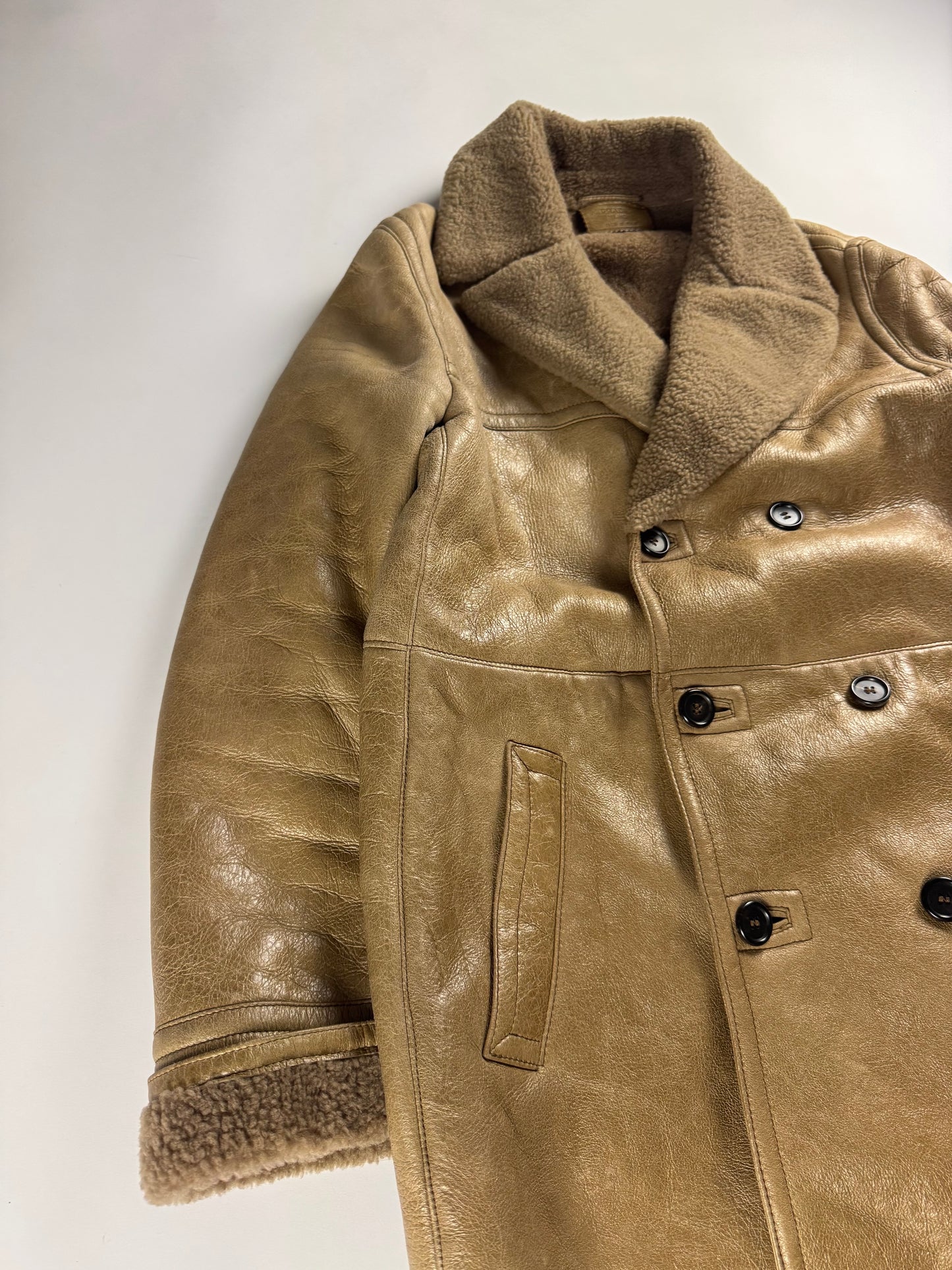 Prada Cream Tan Brown Double Breasted Shearling Leather Coat FW 2006 - L