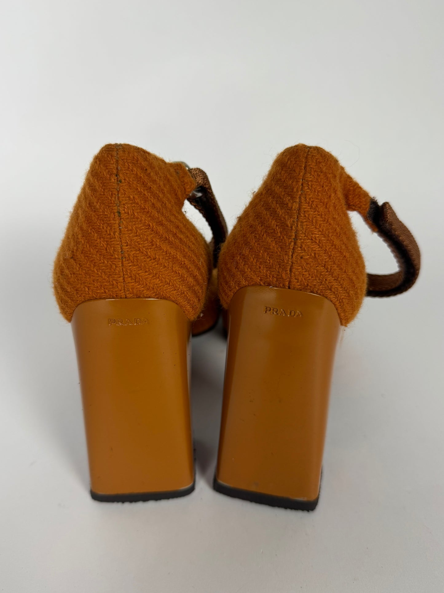 Prada Strapped Orange Mary Jane Tweed Heels FW 1999 - 39 IT/39,5 EU