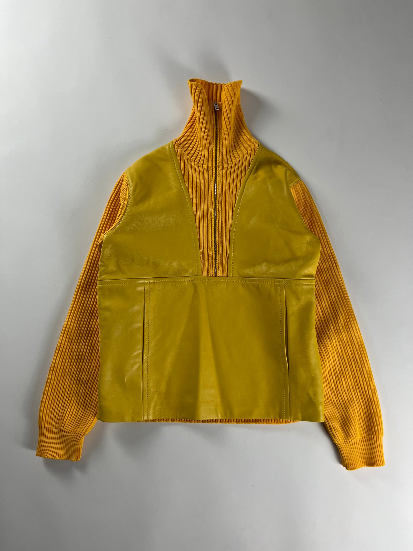 Prada Yellow Leather Ribber Turtleneck Half Zipper FW 2018 - S