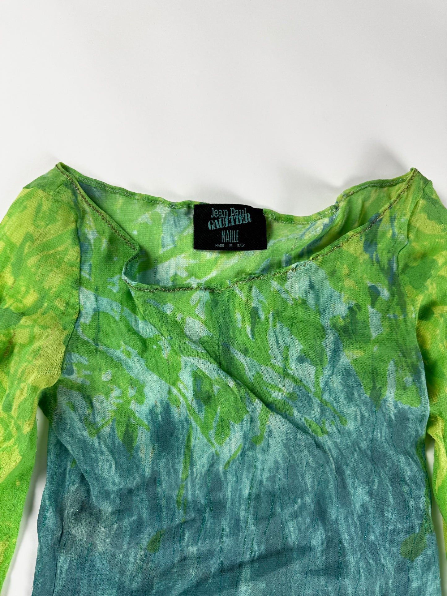 Jean Paul Gaultier Acid Green Teal Ombre Tie Dye Scoop Neck Lettuce Hem Mesh Top 2000s - S