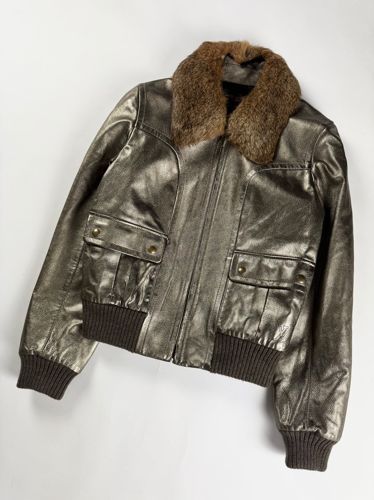 Louis Vuitton Metallic Bronze Leather Fur Collar Gold Hardware Ribbed Trim Bomber Jacket FW 2008 - S