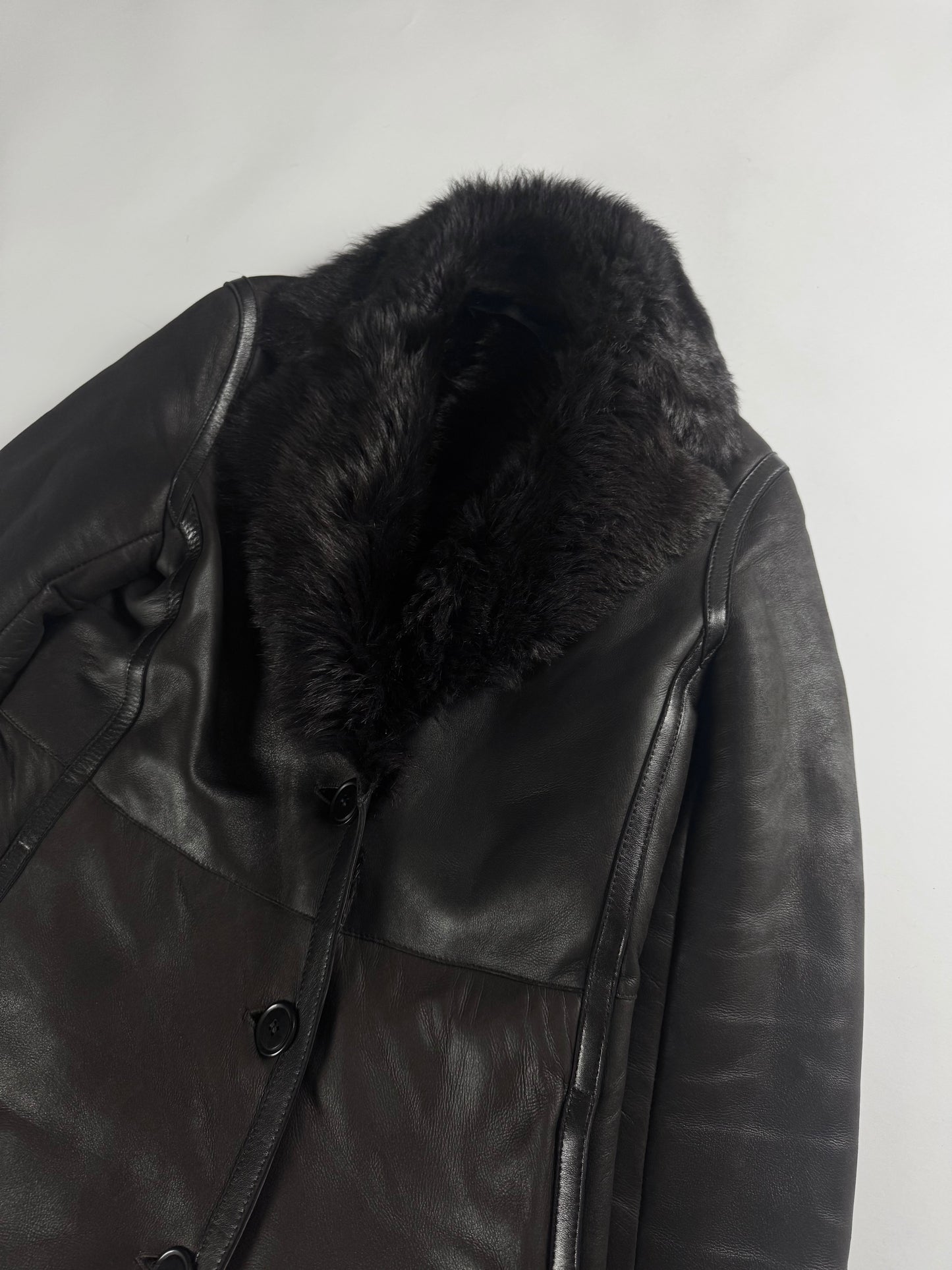 Prada Dark Fur Trimmed Double Breasted Sheepskin Leather Coat 2000s - S