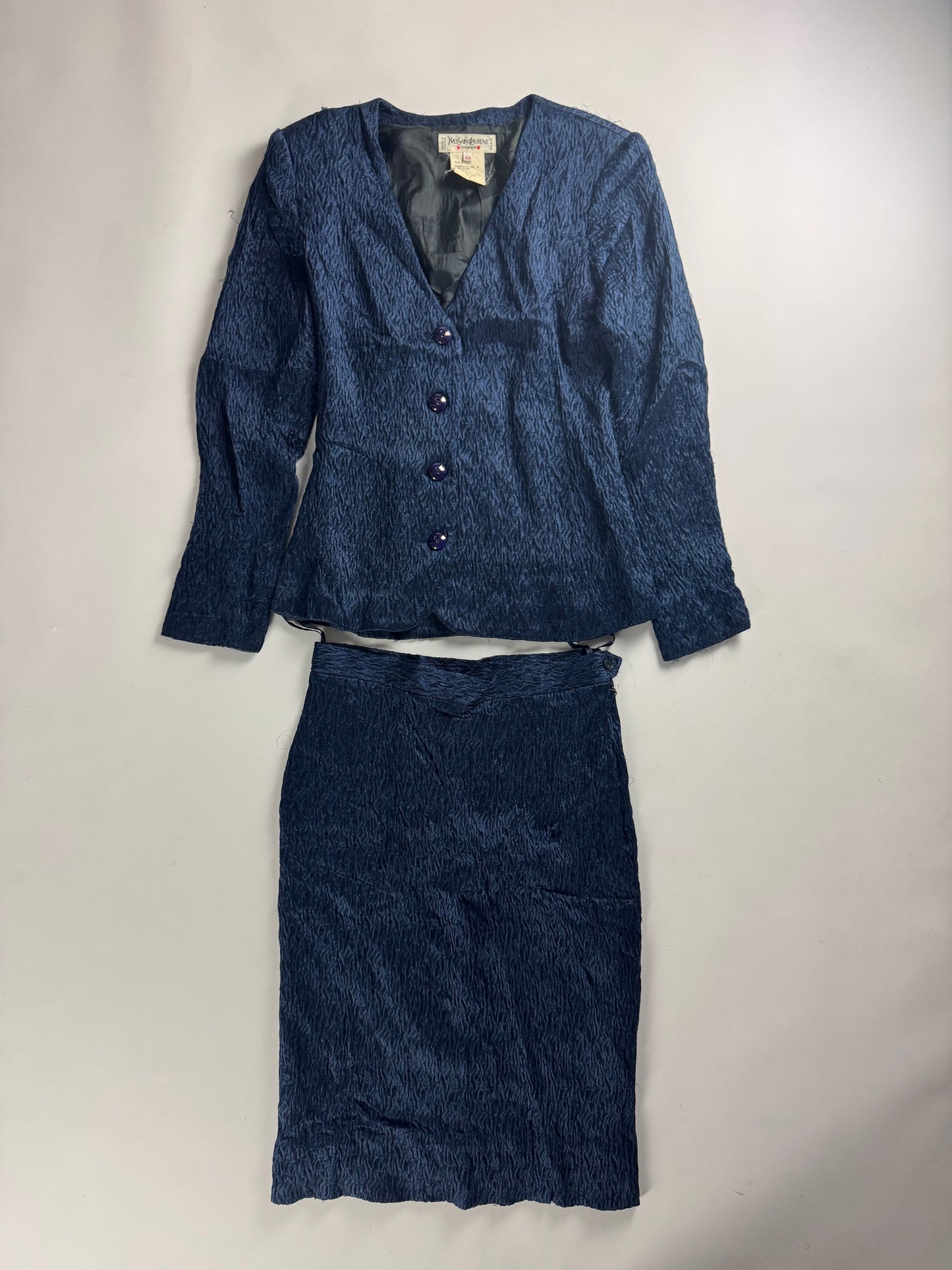 Yves Saint Laurent Rive Gauche Deep Blue Textured Plissé Set 1990s - S