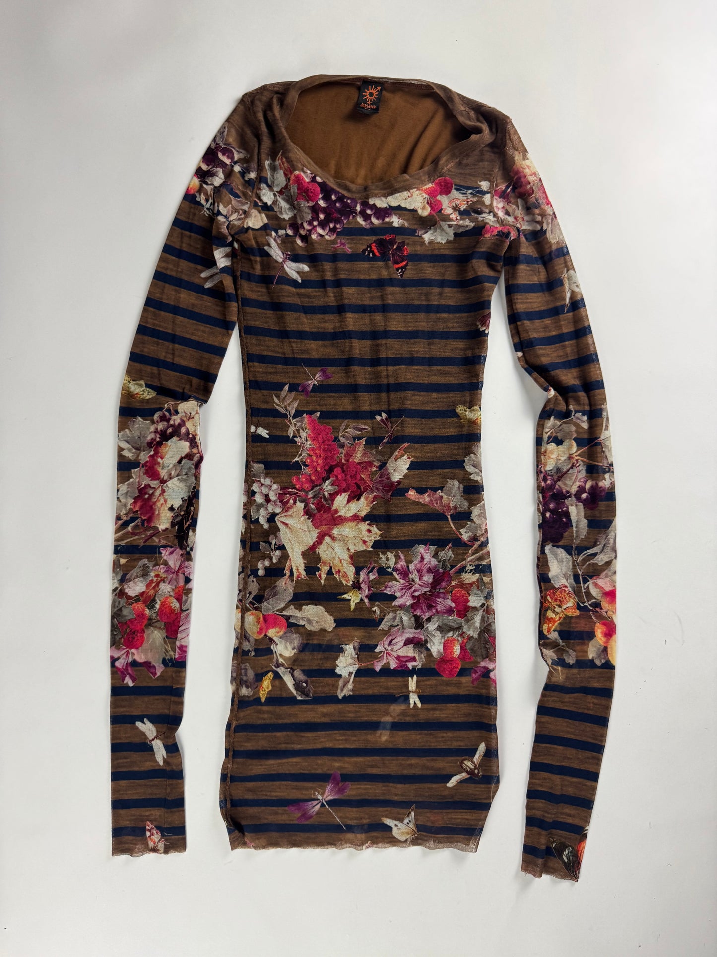 Jean Paul Gaultier Brown Mesh Floral Graphic Striped Mini Dress 1990s - S