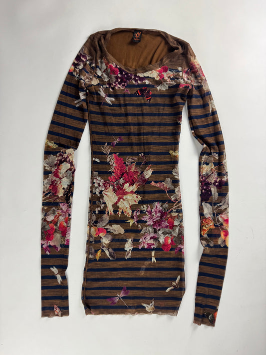 Jean Paul Gaultier Brown Mesh Floral Graphic Stripped Mini Dress 1990s - S