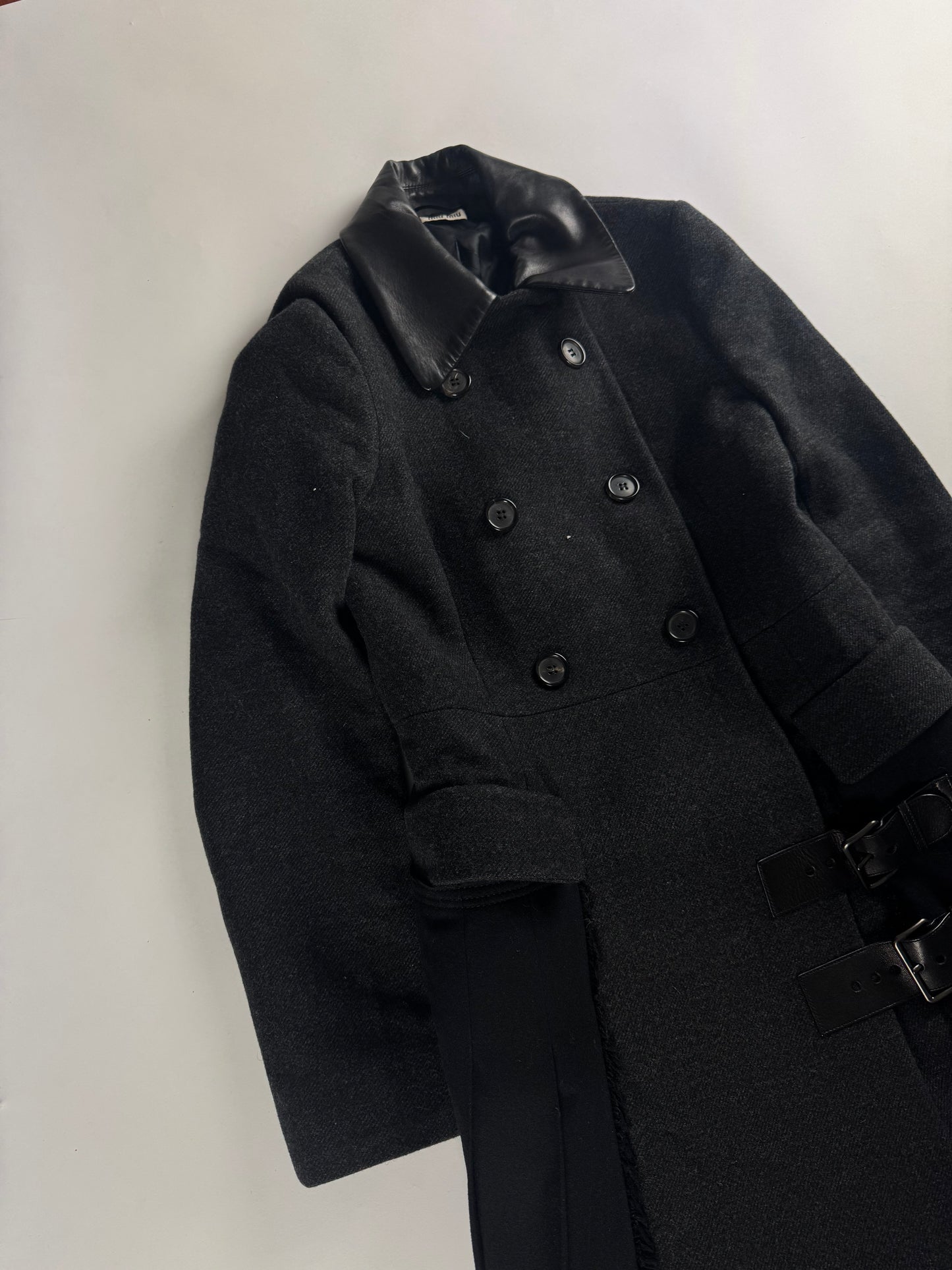 Miu Miu Structured Wool Pleated Hem Leather Collar Coat FW 2013 - XS