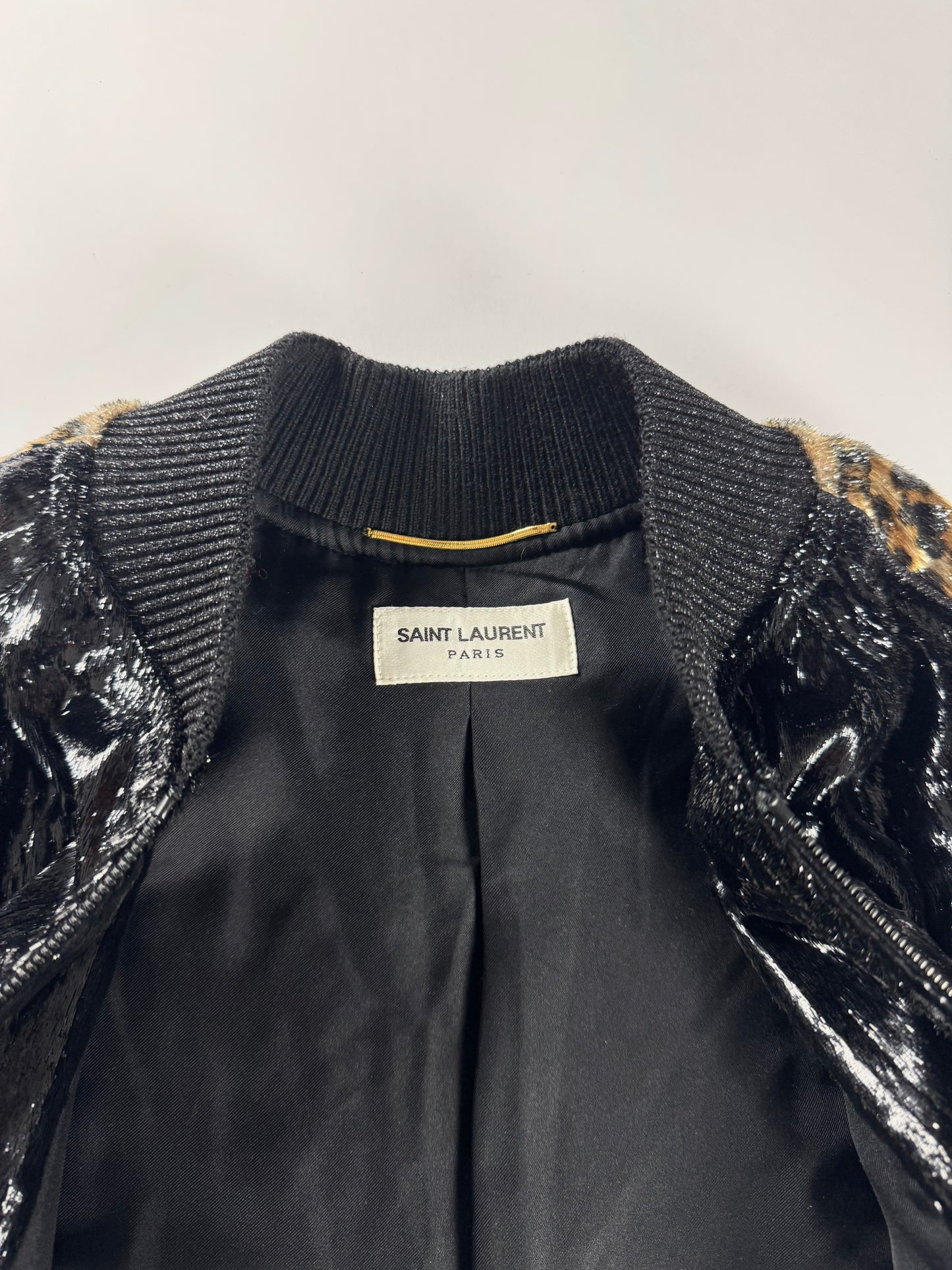 Saint Laurent Velours De Givre Leopard Sleeve Bright Teddy Bomber Jacket FW 2019 - XS