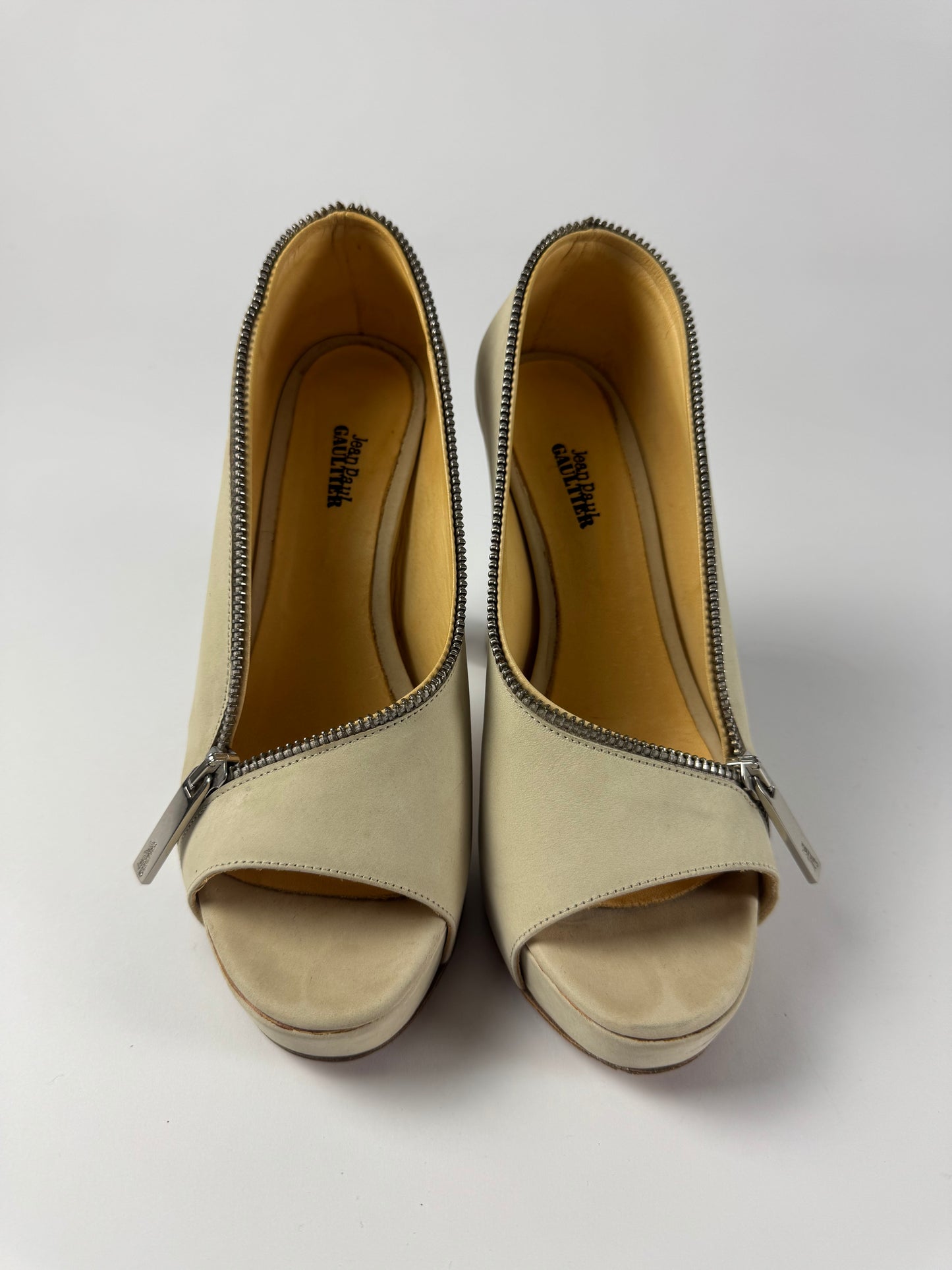 Jean Paul Gaultier Cream Suede Zipper Peep Toe Platform Block Heels - 36 EU