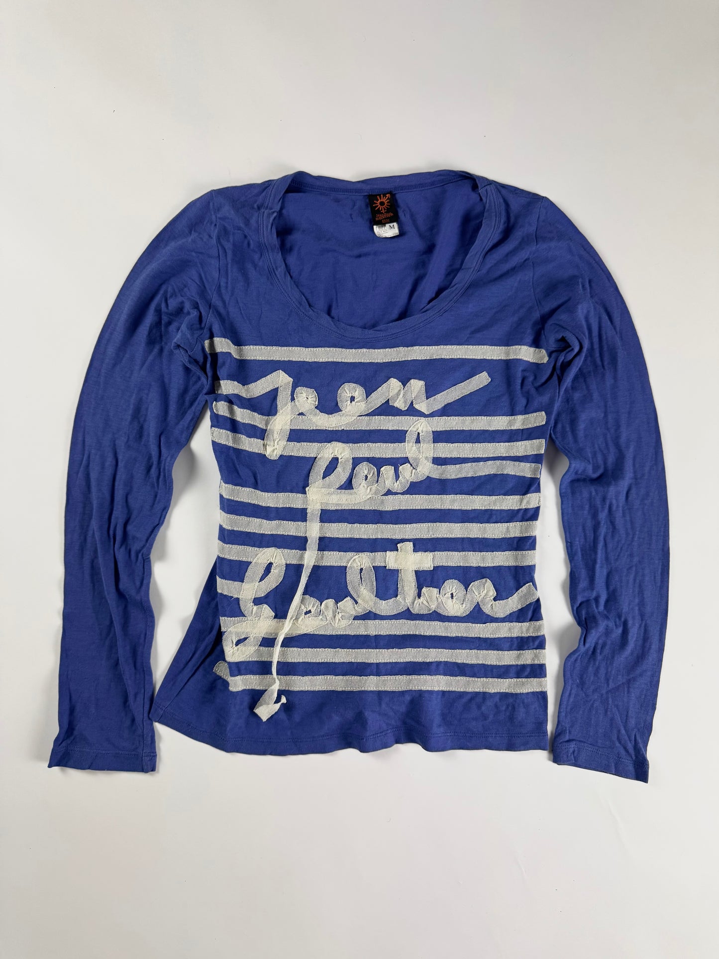Jean Paul Gaultier Soleil Blue Marinière Stripe Logo Script Long Sleeve Mesh Top - M