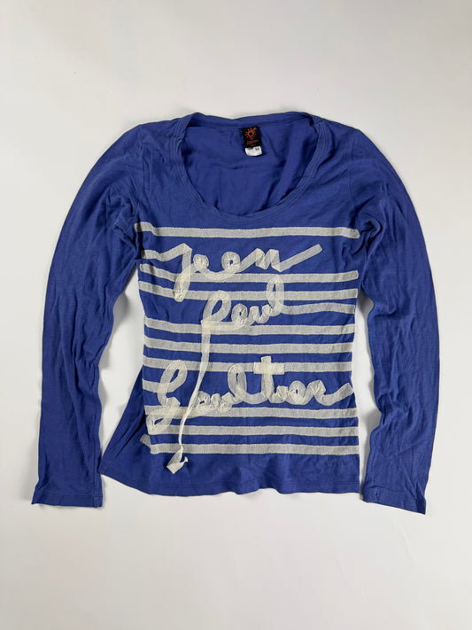 Jean Paul Gaultier Soleil Blue Marinière Stripe Logo Script Long Sleeve Mesh Top - M