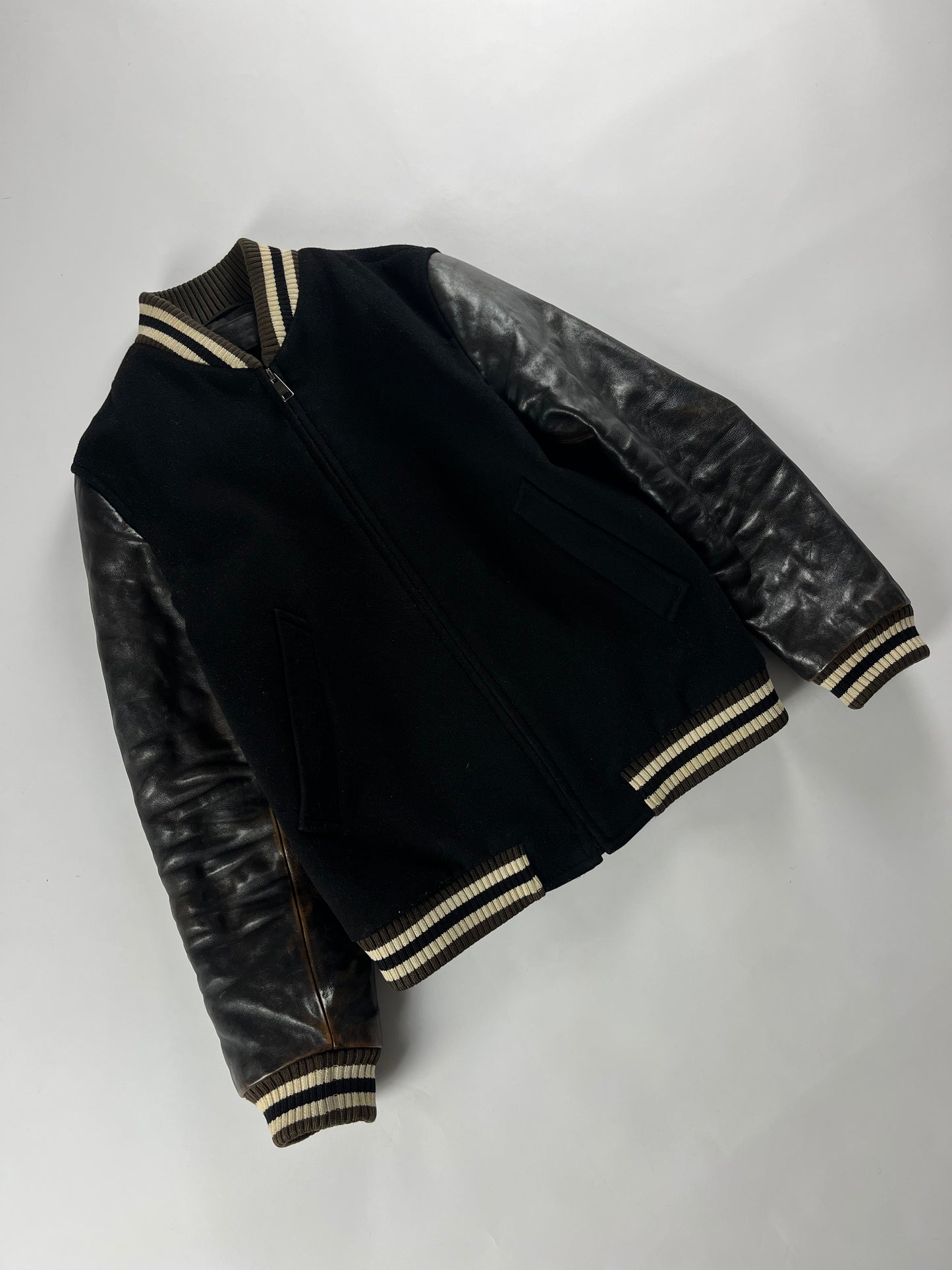 Prada Leather Sleeves Varsity Bomber Jacket FW 2014 - M