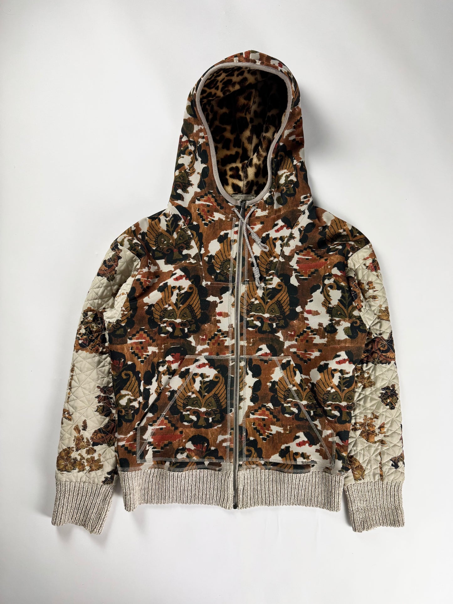 Bottega Veneta Baroque Tapestry Print Leopard Lined Hood Quilted Sleeves Zip Hoodie SS 2016 - S