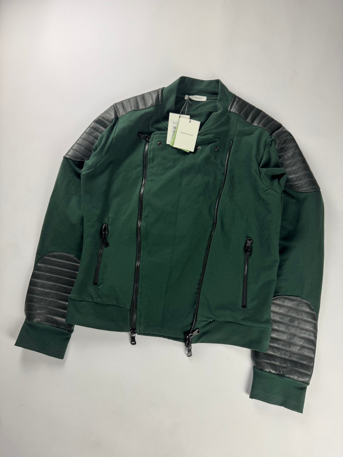Pierre Balmain Leather Padded Shoulder Double Side Zip Green Biker Jacket - M