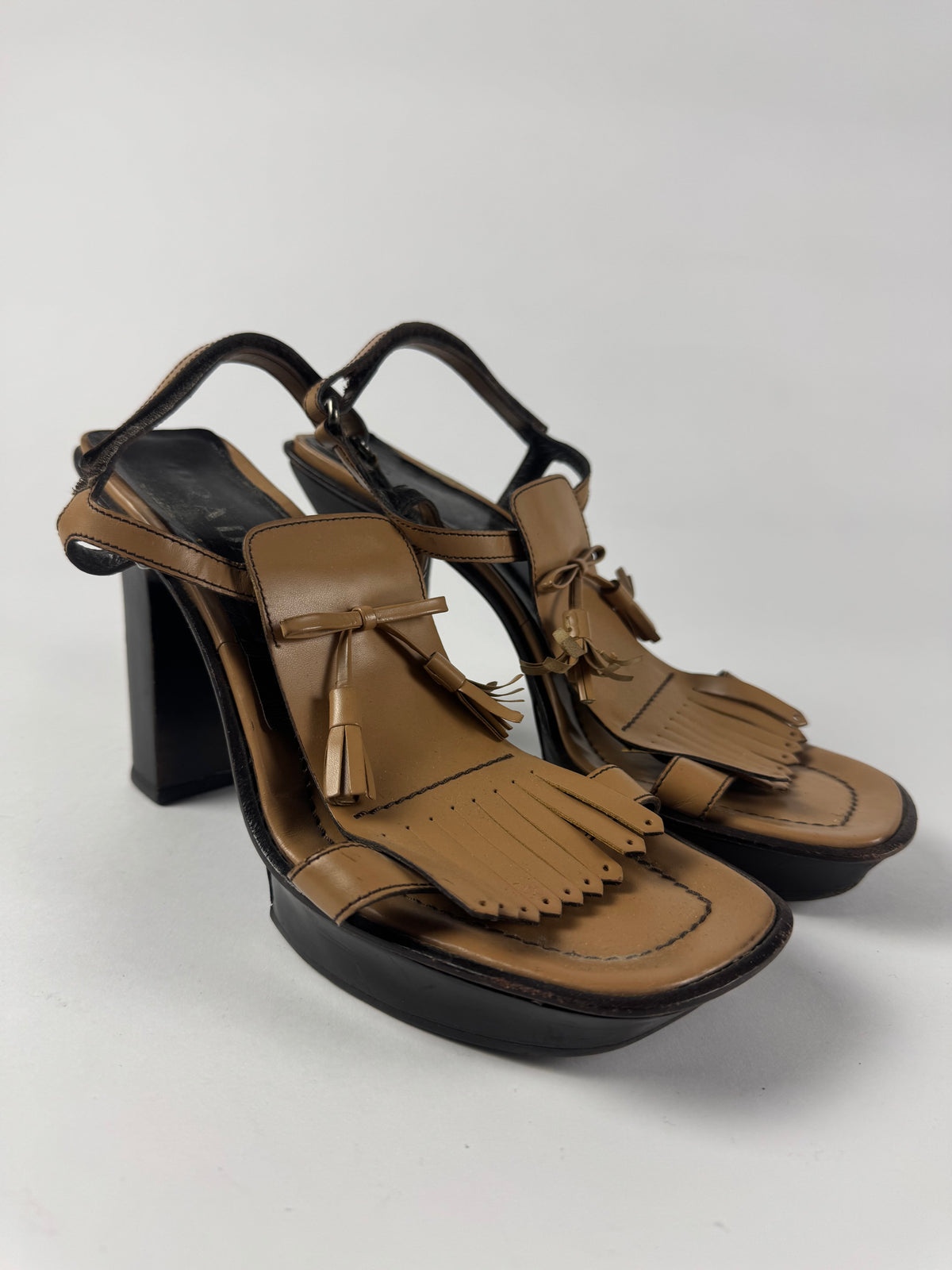 Prada Brown Fringe Leather Platform Ankle Strap Heels SS 1999 - 40 IT/40,5 EU