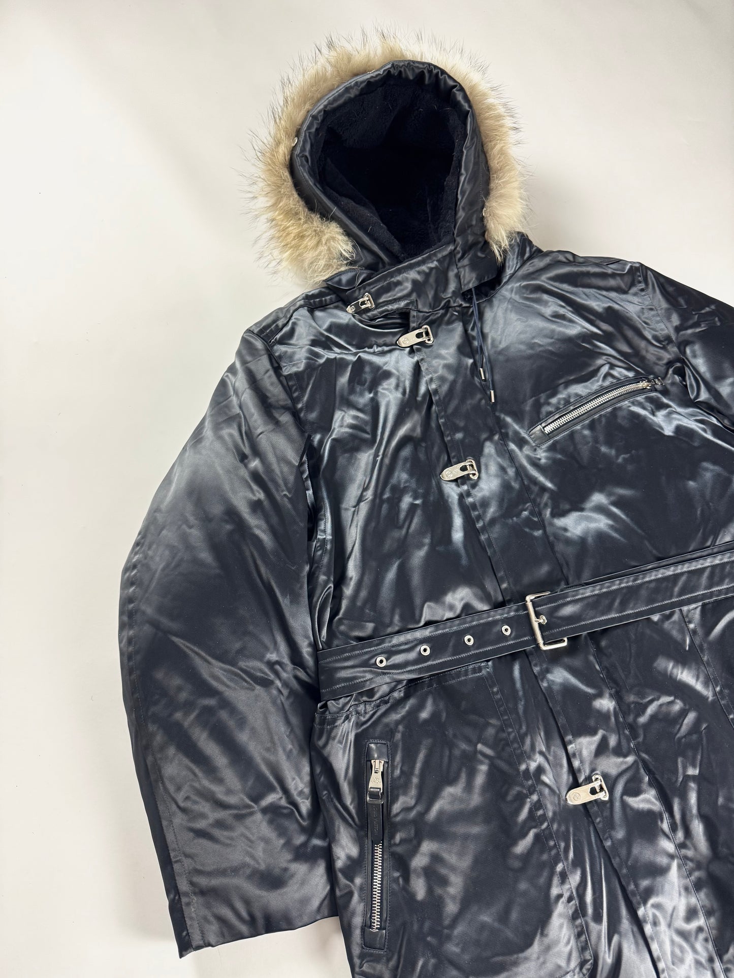 Louis Vuitton Dark Blue Goose Down Belted Parka Fur Hood Coat FW 2012 - XL
