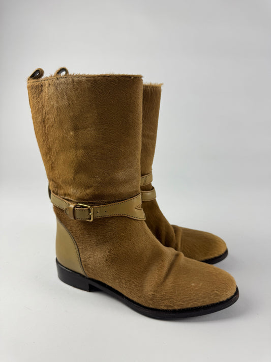 Yves Saint Laurent Rive Gauche Pony Hair Belted High Boots 2000s - 35 EU