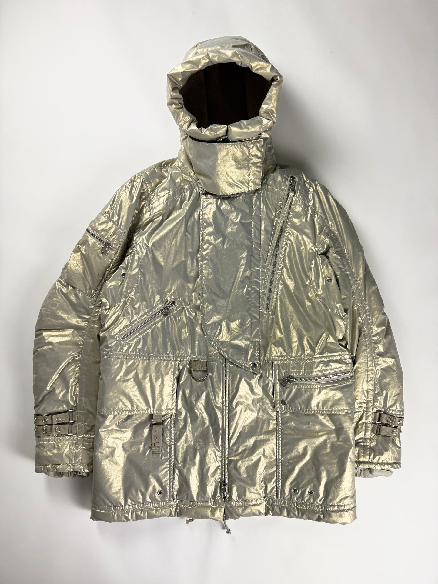 Prada Bright Silver Thermal Shearling Lining Astronaute Parka Jacket 2000s - M