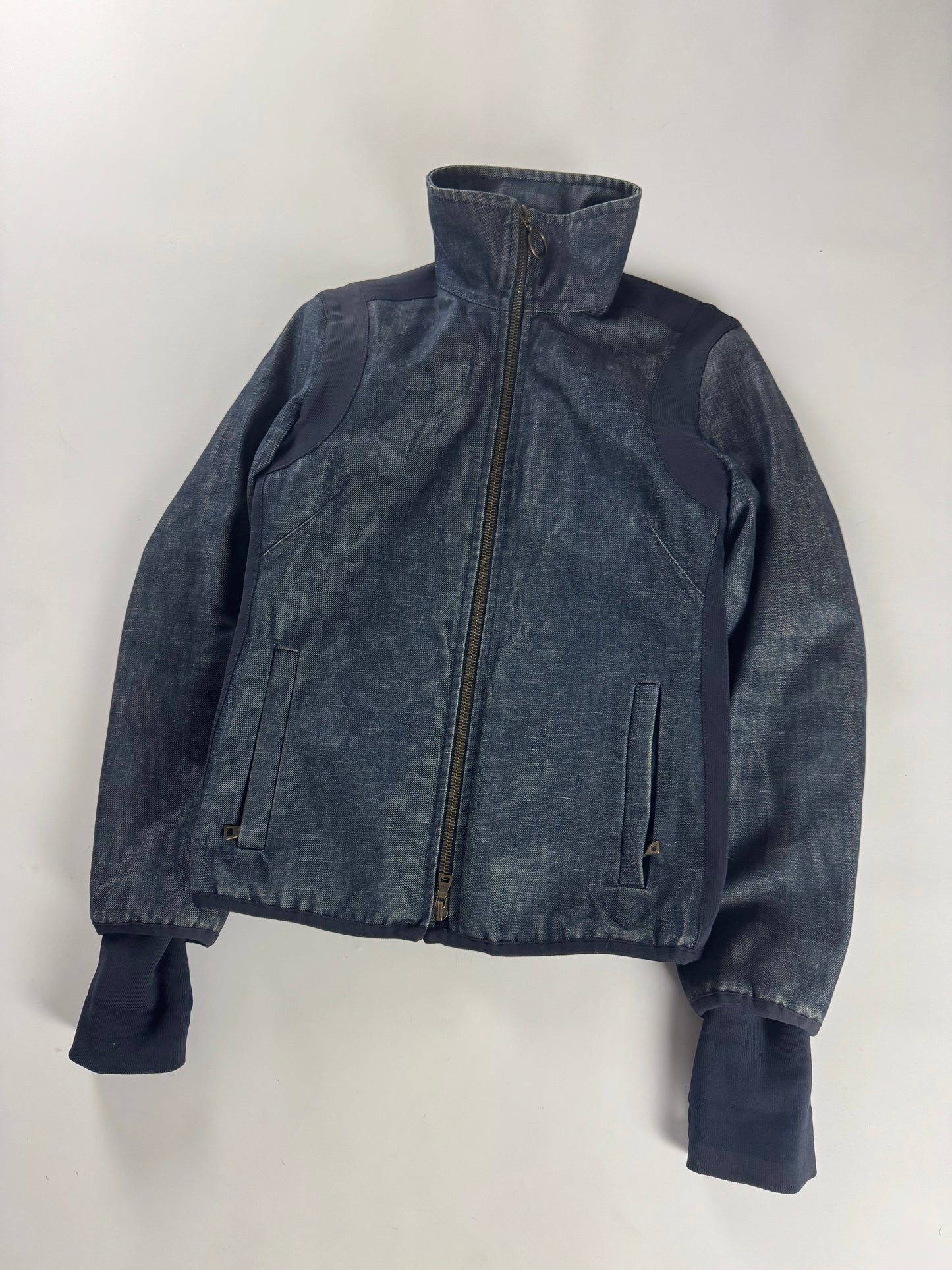 Prada Funnel Collar Denim Cuffed Moto Jacket 2000s - S