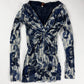Jean Paul Gaultier Navy Rose Print Twist Knot Front Plunging Neckline Blue Mesh Top 2000s - S