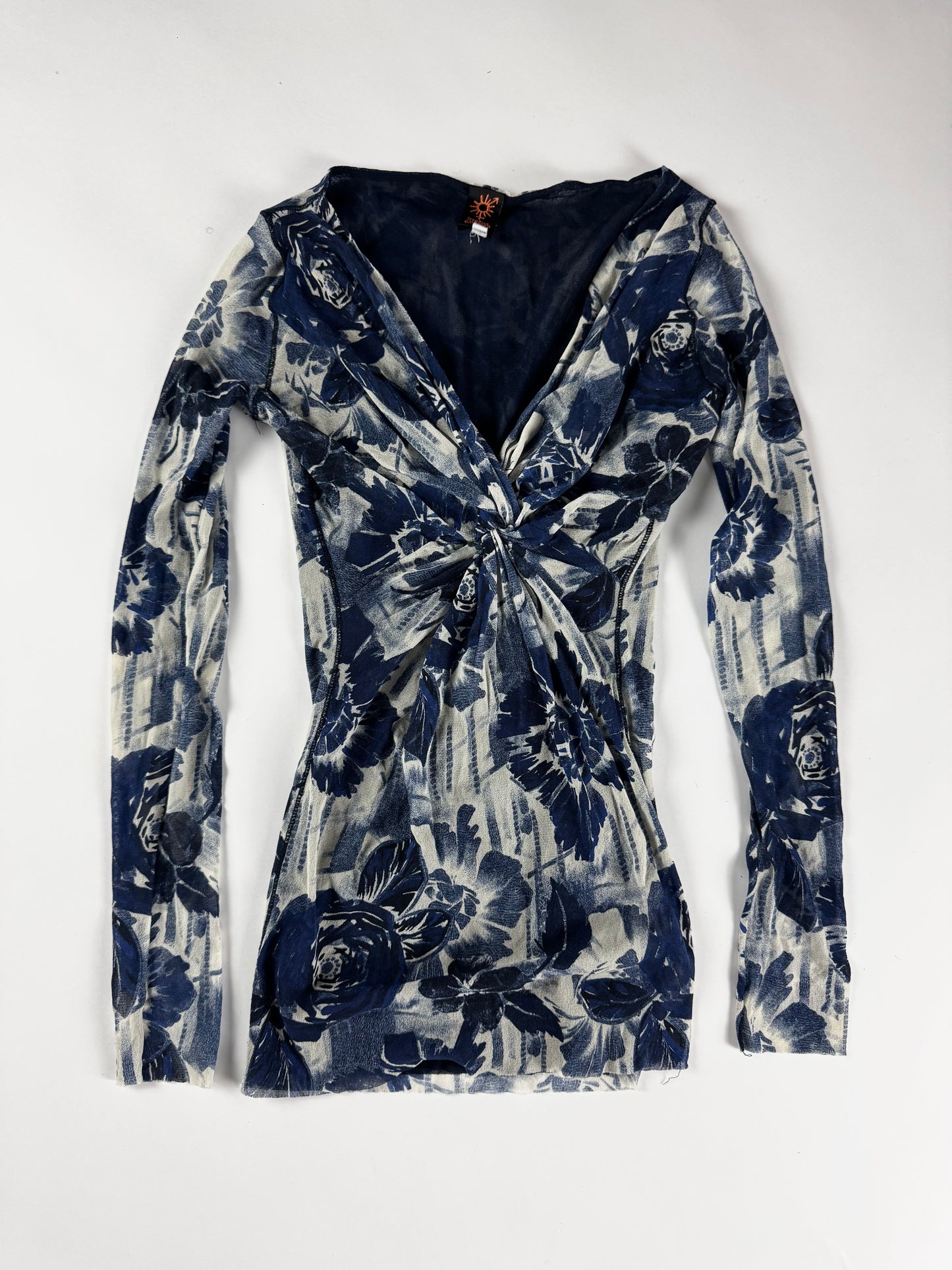 Jean Paul Gaultier Navy Rose Print Twist Knot Front Plunging Neckline Blue Mesh Top 2000s - S