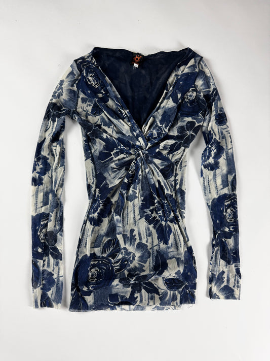Jean Paul Gaultier Navy Rose Print Twist Knot Front Plunging Neckline Blue Mesh Top 2000s - S