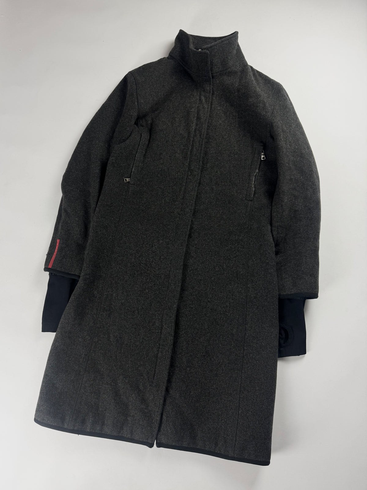 Prada Linea Rossa Funnel Collar Wool Cuffed Long Coat SS 2000 -  S