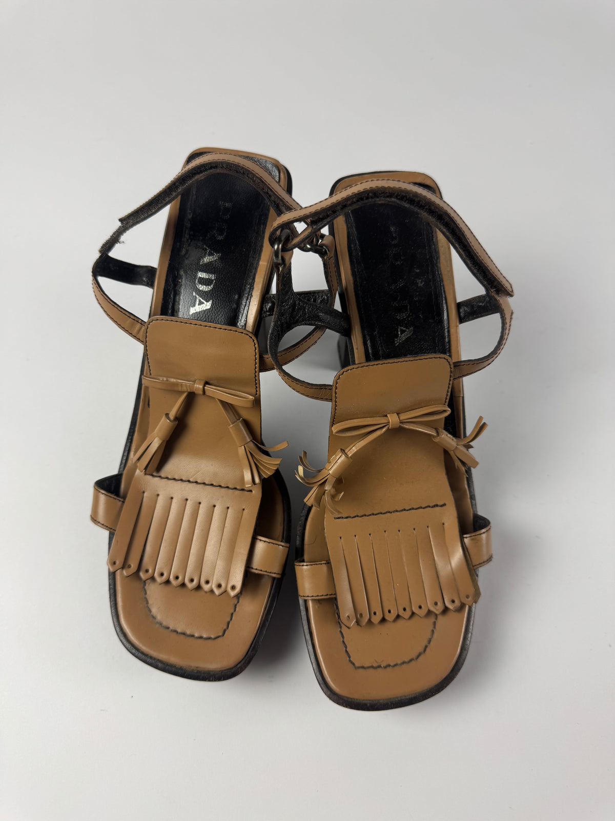 Prada Brown Fringe Leather Platform Ankle Strap Heels SS 1999 - 40 IT/40,5 EU