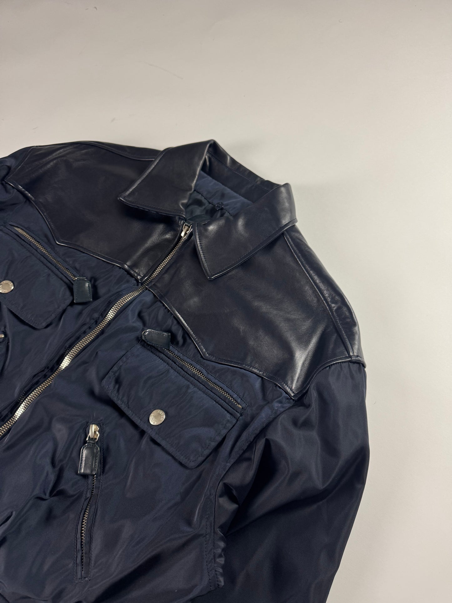 Prada Leather Panel Cropped Utility Pocket Navy Nylon Jacket 1990s - S