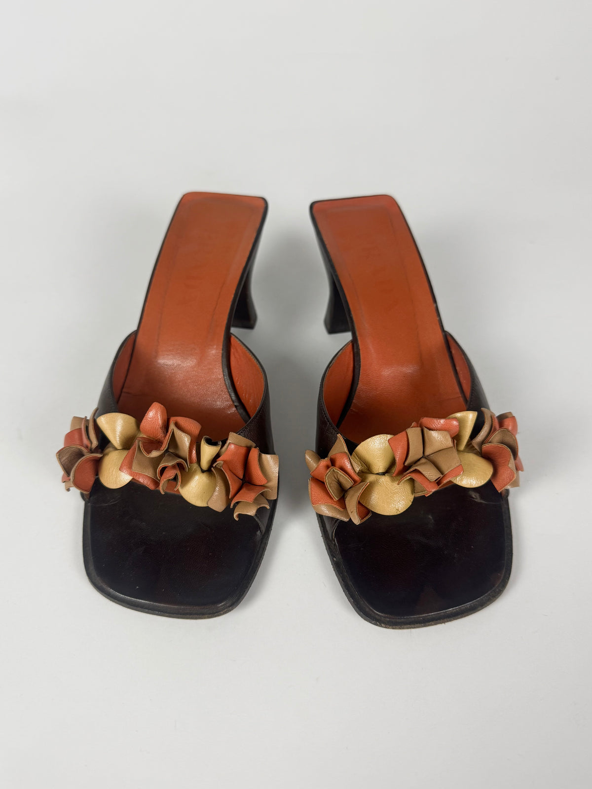 Prada Leather Floral Embellishment Square Toe Heel Mules 1990s - 38 IT/39 EU
