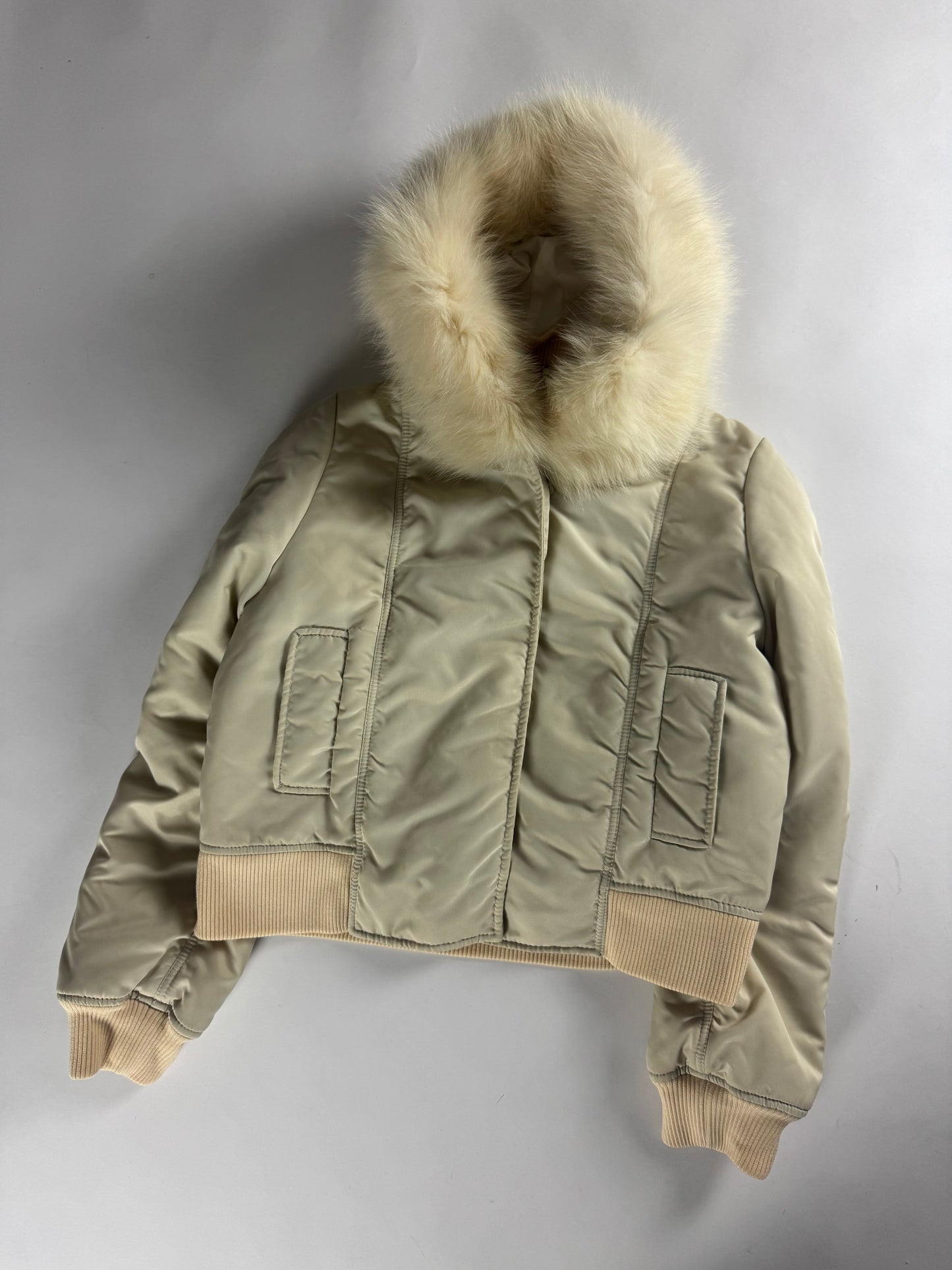 Miu Miu Cropped Cream Fur Hood Puffer Jacket 2000s - S