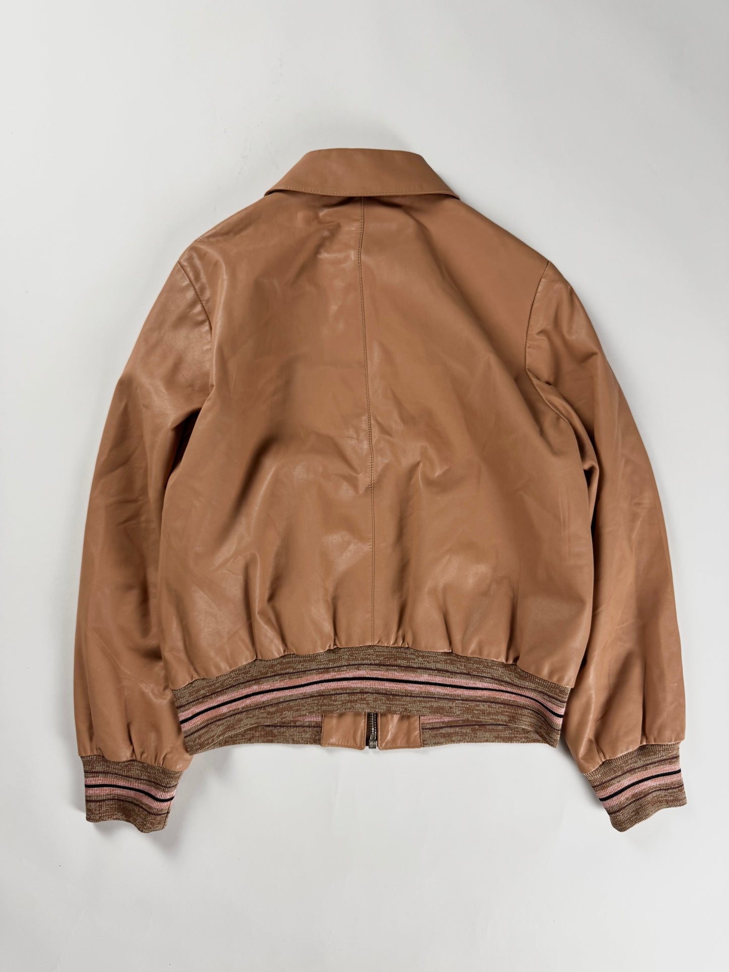 Prada Milano Soft Leather Pink Stripped Knit Rib Bomber Jacket 2010s - XS