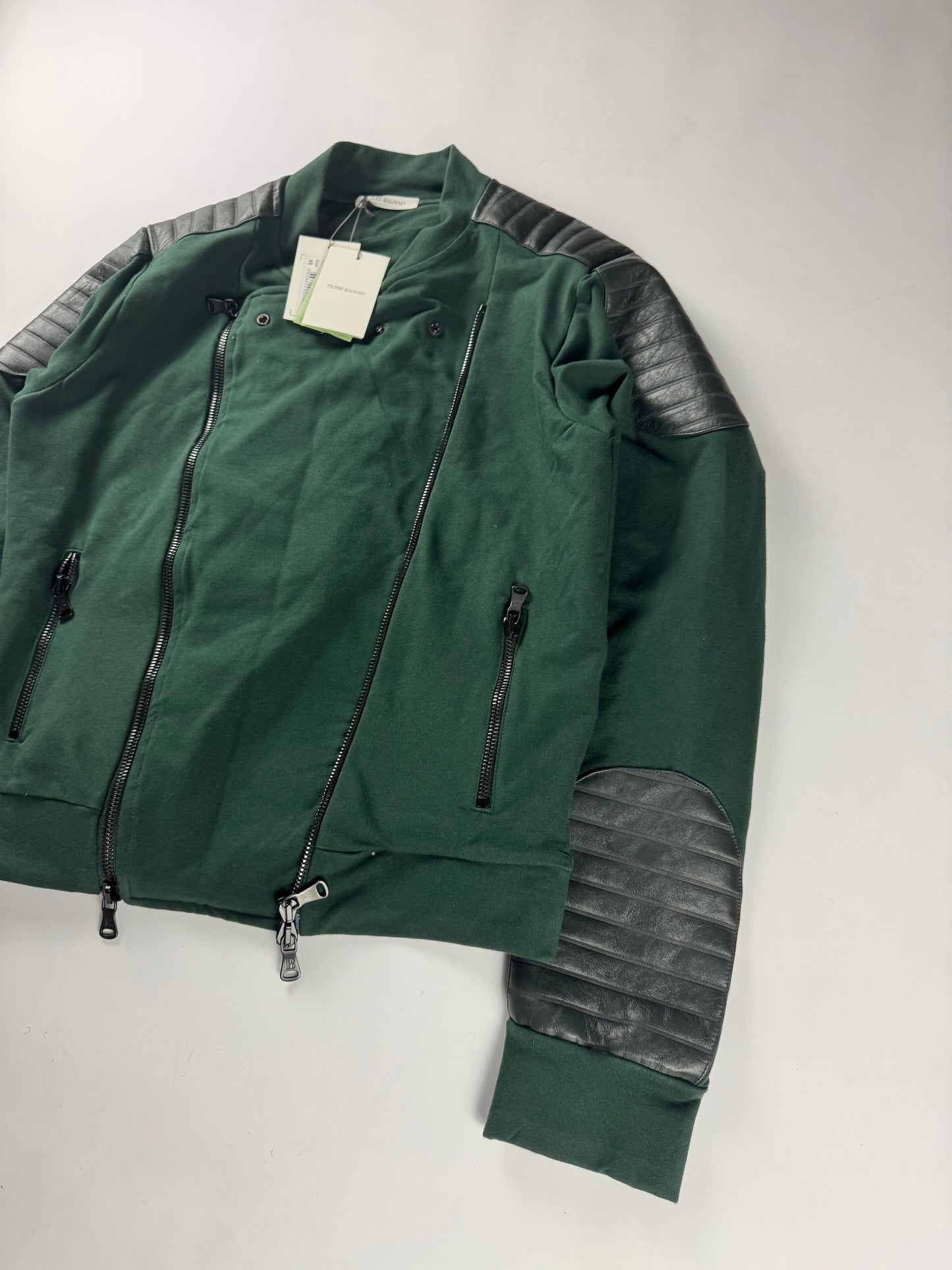 Pierre Balmain Leather Padded Shoulder Double Side Zip Green Biker Jacket - M