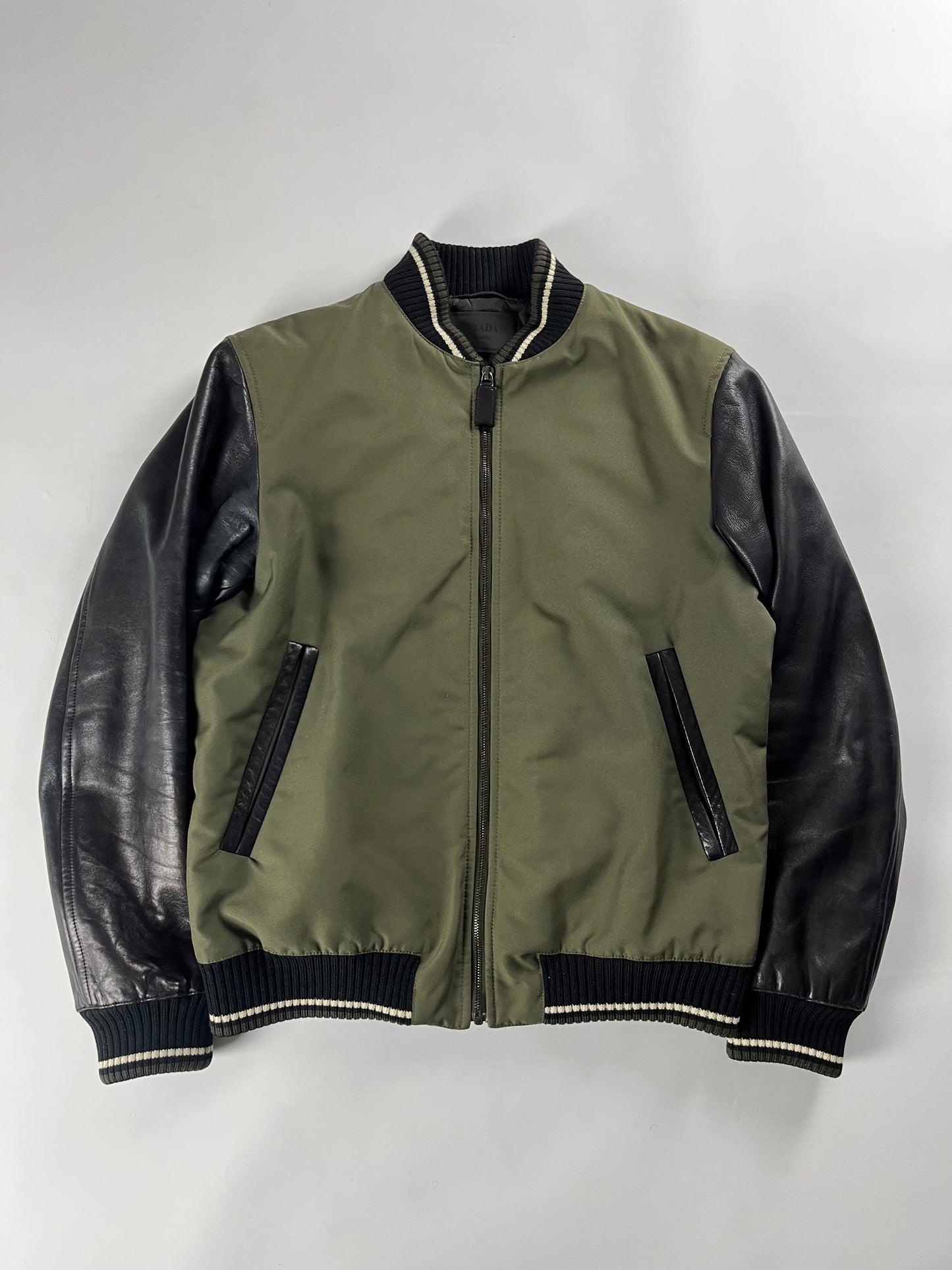 Prada Leather Sleeves Varsity Bomber Jacket FW 2013 - M