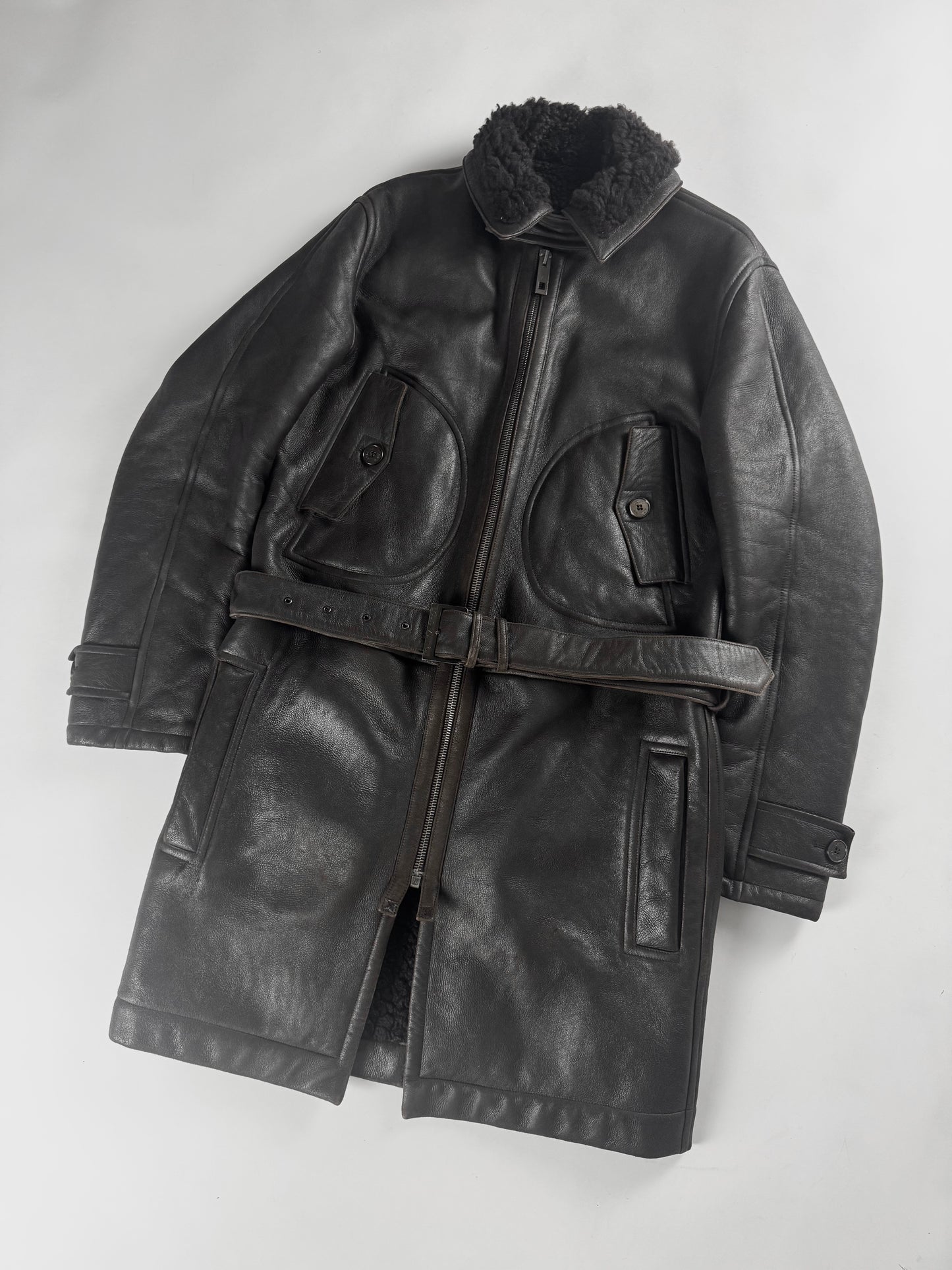 Louis Vuitton Dark Brown Fur Lining Heavy Sheepskin Leather Belted Coat 2000s - M