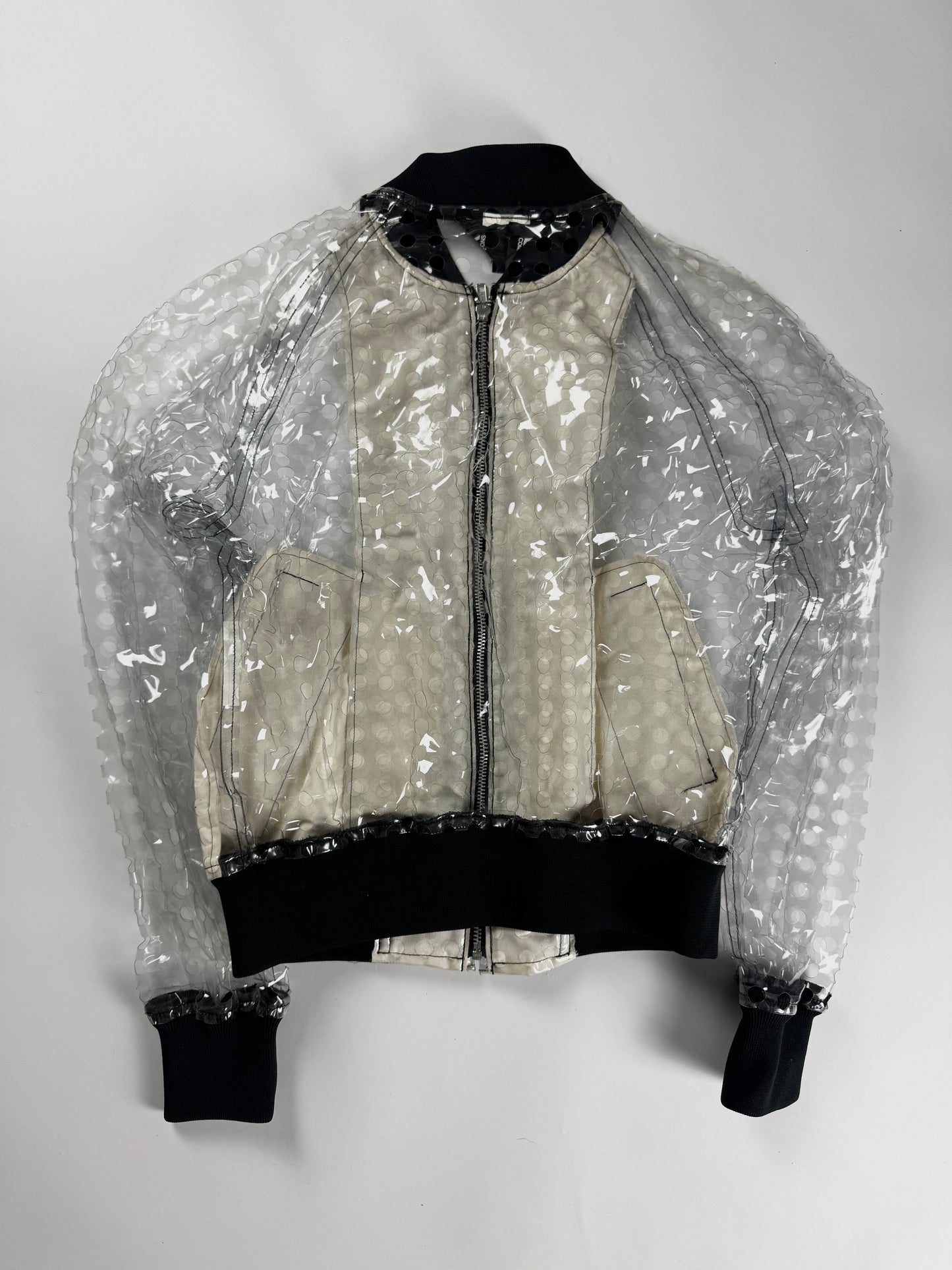 Comme des Garçons BLACK Clear PVC Transparent Polka Dot Lining Black Ribbed Trim Bomber Jacket 2020s - M