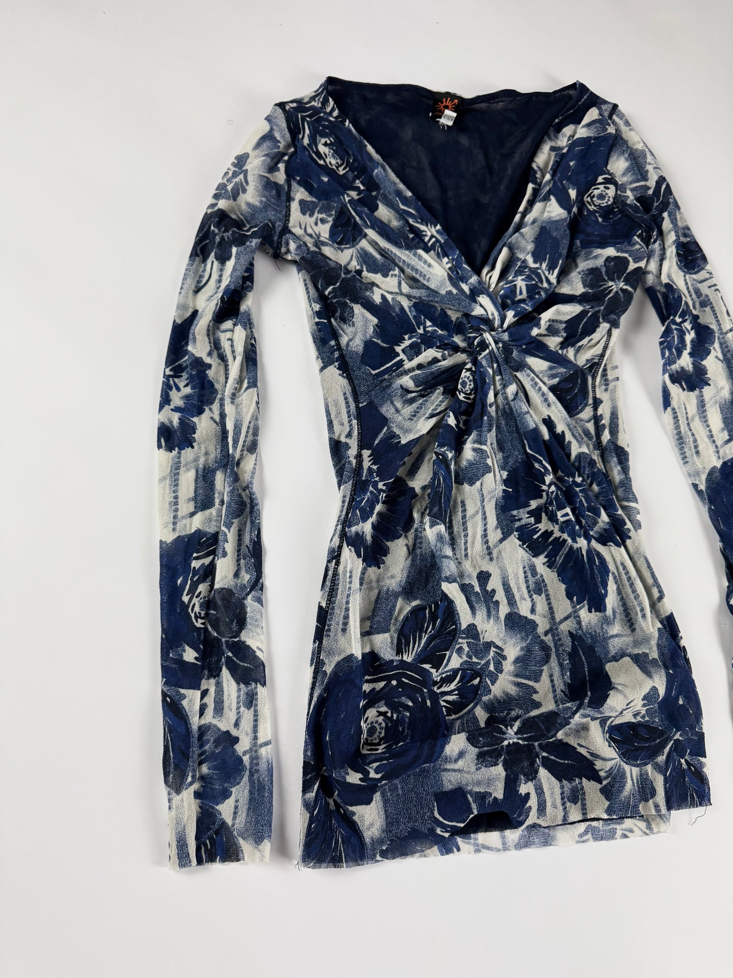 Jean Paul Gaultier Navy Rose Print Twist Knot Front Plunging Neckline Blue Mesh Top 2000s - S