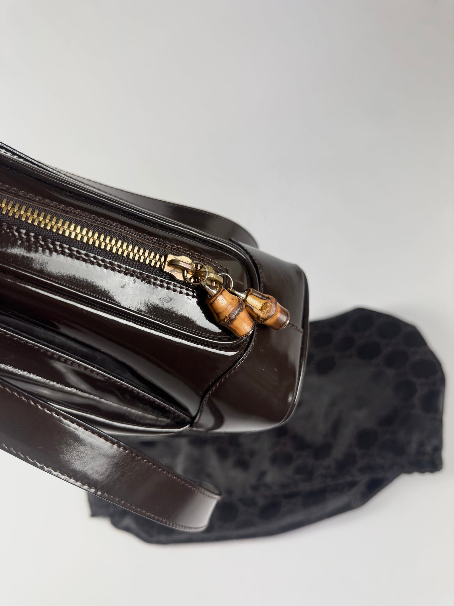 Gucci Brown Leather Patent Bamboo Shoulder Bag 1990s - OS